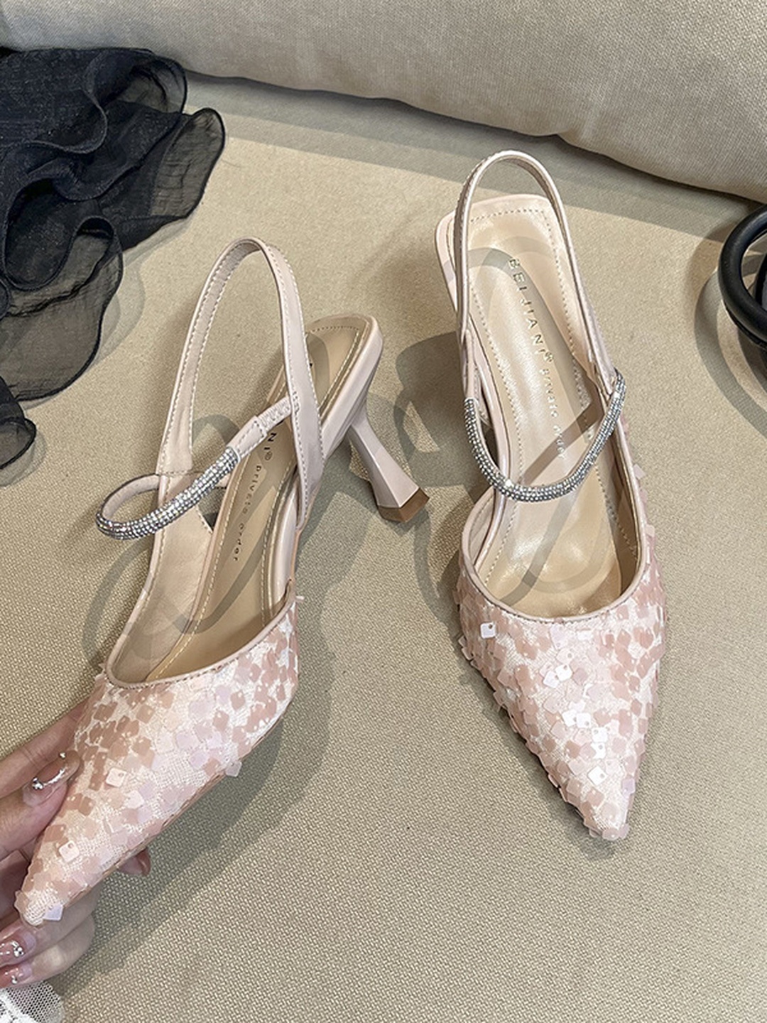 Pink Sequin Pointed-Toe Slingback Stiletto Heels