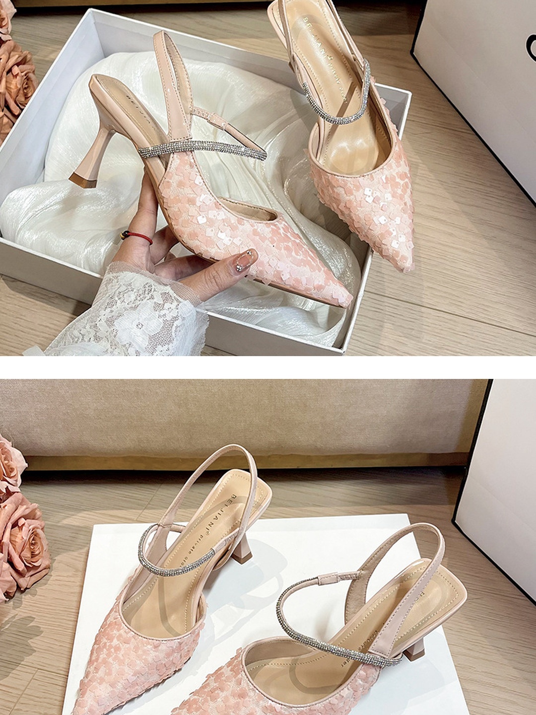 Pink Sequin Pointed-Toe Slingback Stiletto Heels