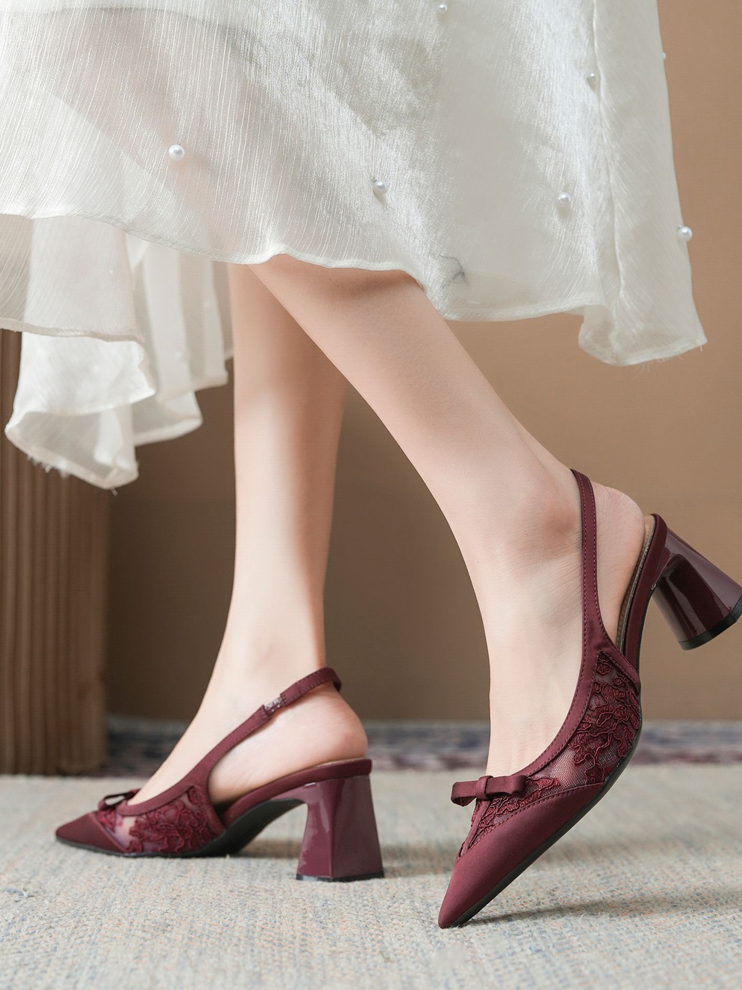 Red Lace Mesh Slingback Heels with Block Heel