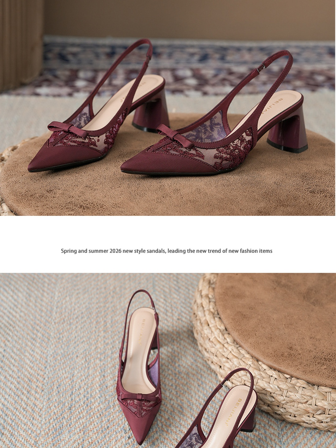 Red Lace Mesh Slingback Heels with Block Heel