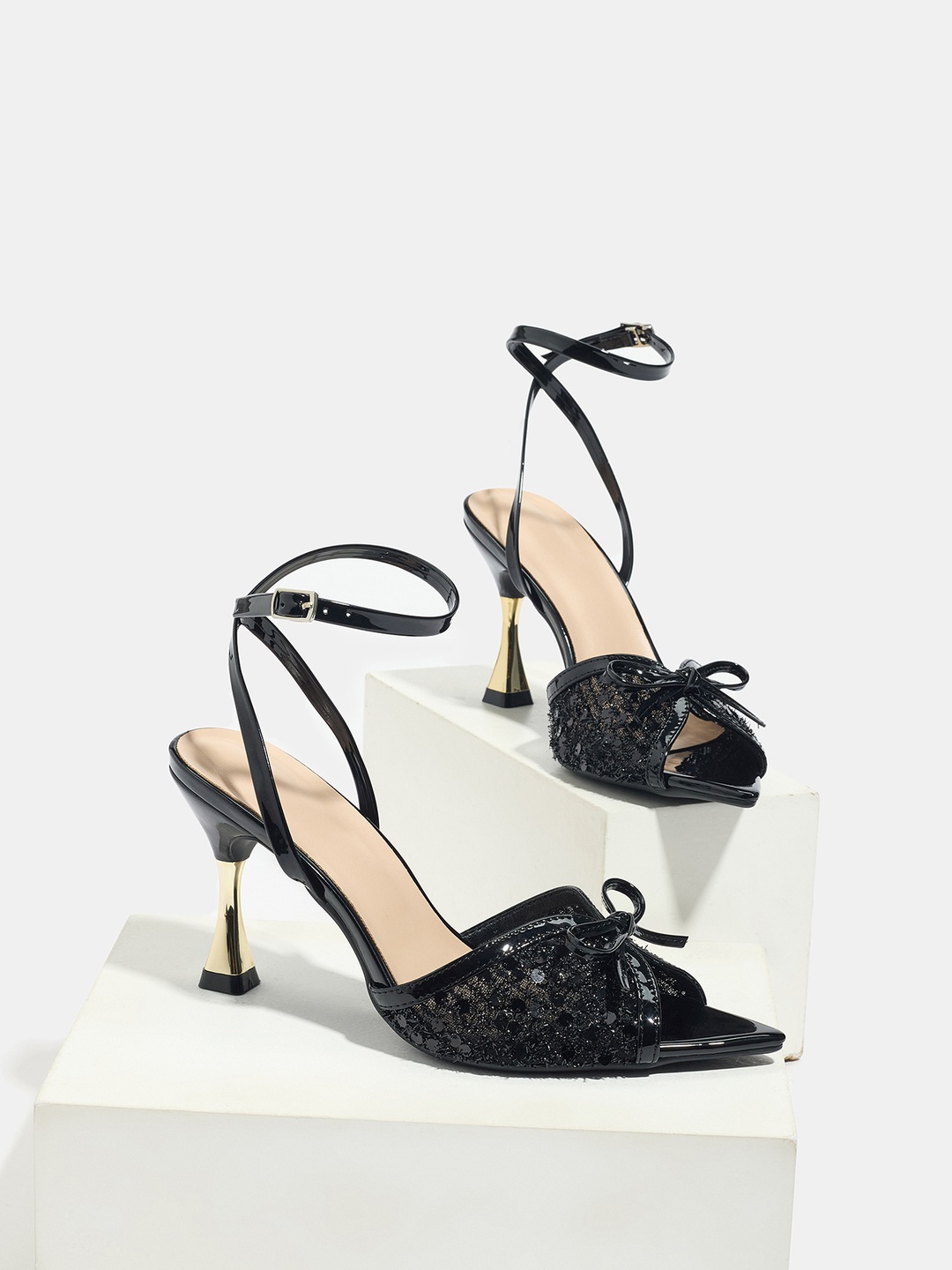 Black Sequin Bow Pointed-Toe Ankle Strap High Heel Sandals