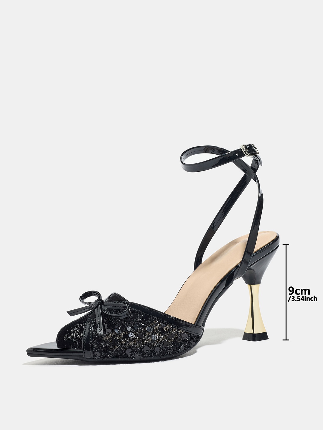 Black Sequin Bow Pointed-Toe Ankle Strap High Heel Sandals