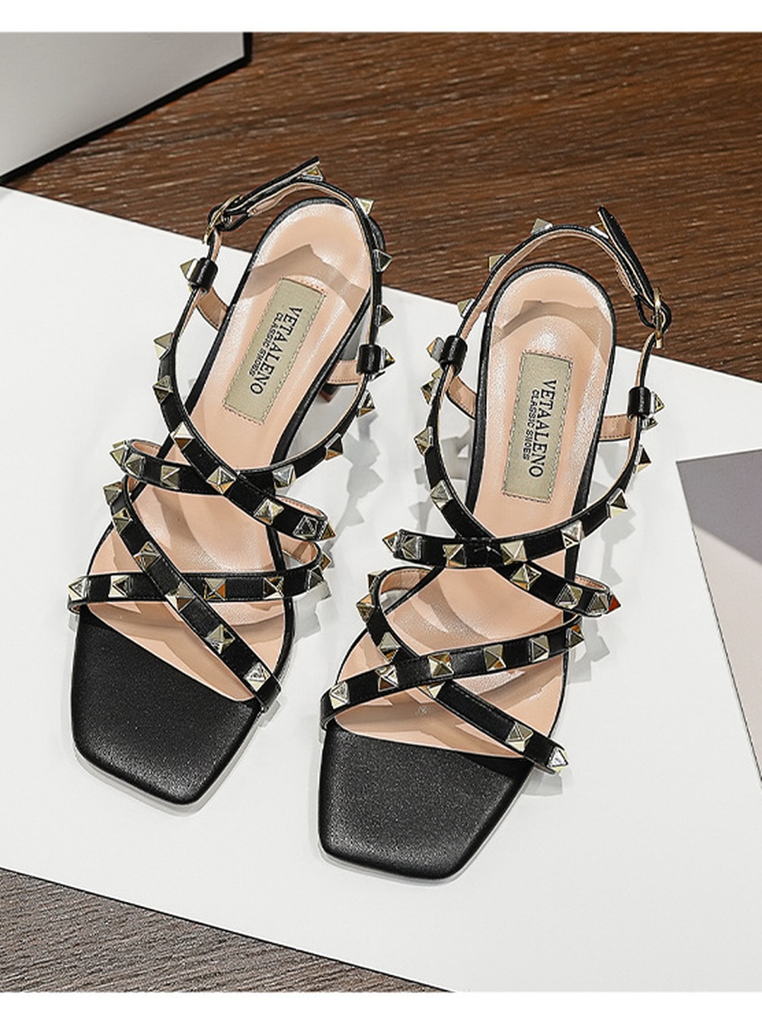 Black Studded Strappy Block Heel Sandals