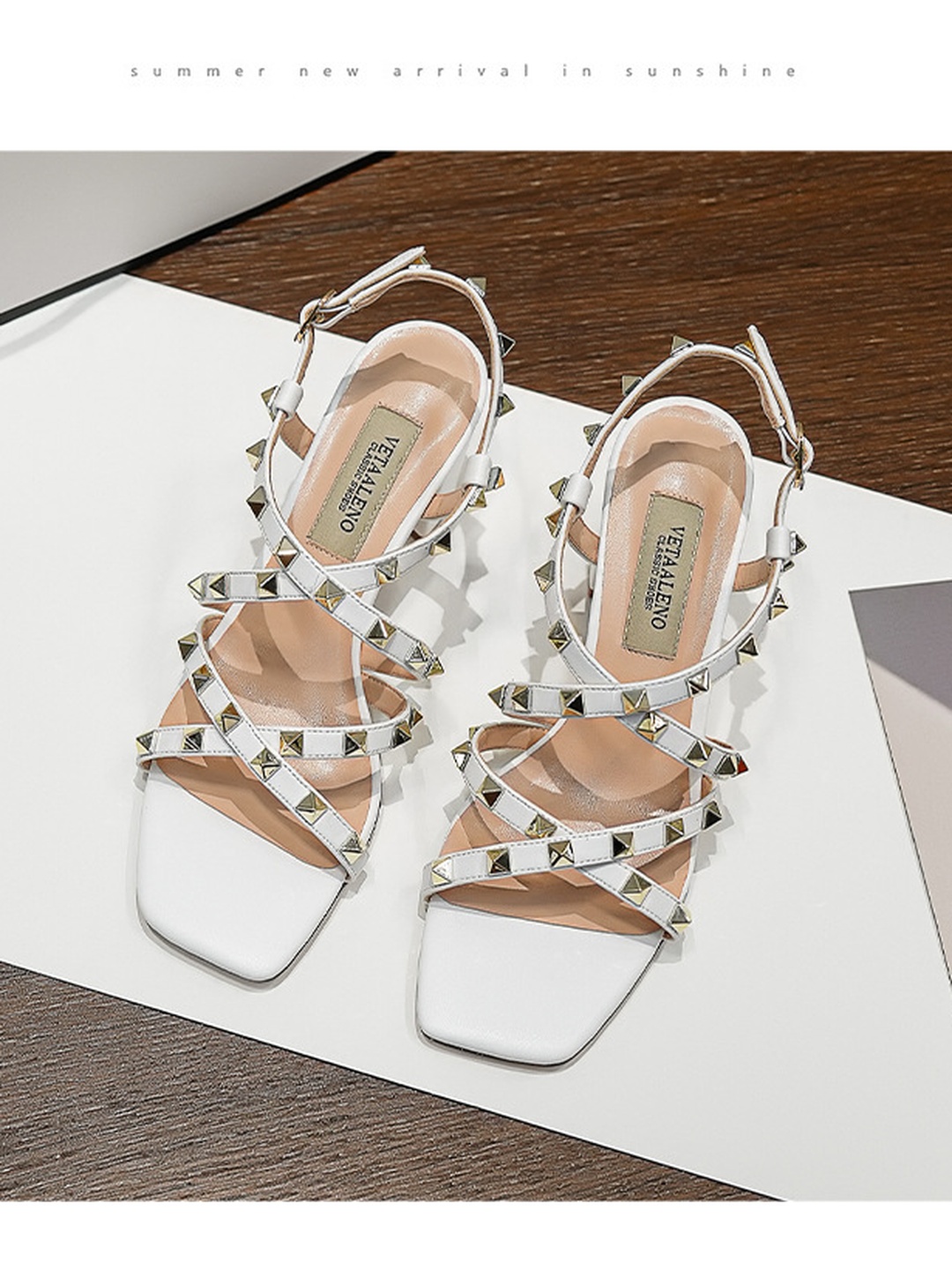 Women White Studded Square Toe Block Heel Ankle Strap Sandals