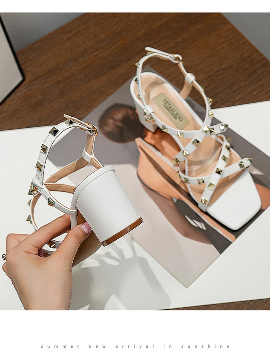 Women White Studded Square Toe Block Heel Ankle Strap Sandals