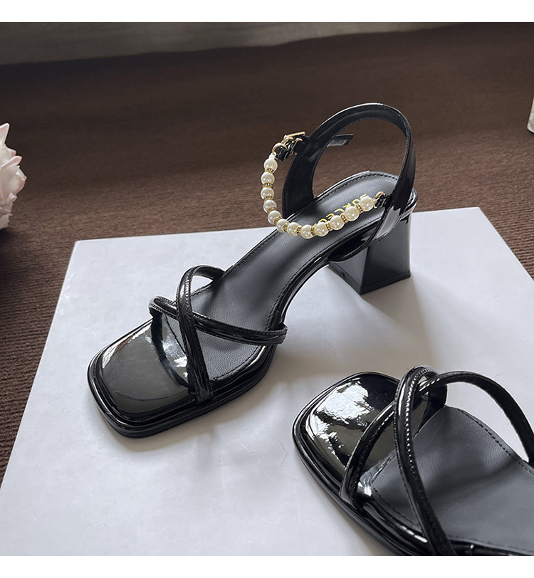 Women Black Pearl Ankle Strap Block Heel Sandals