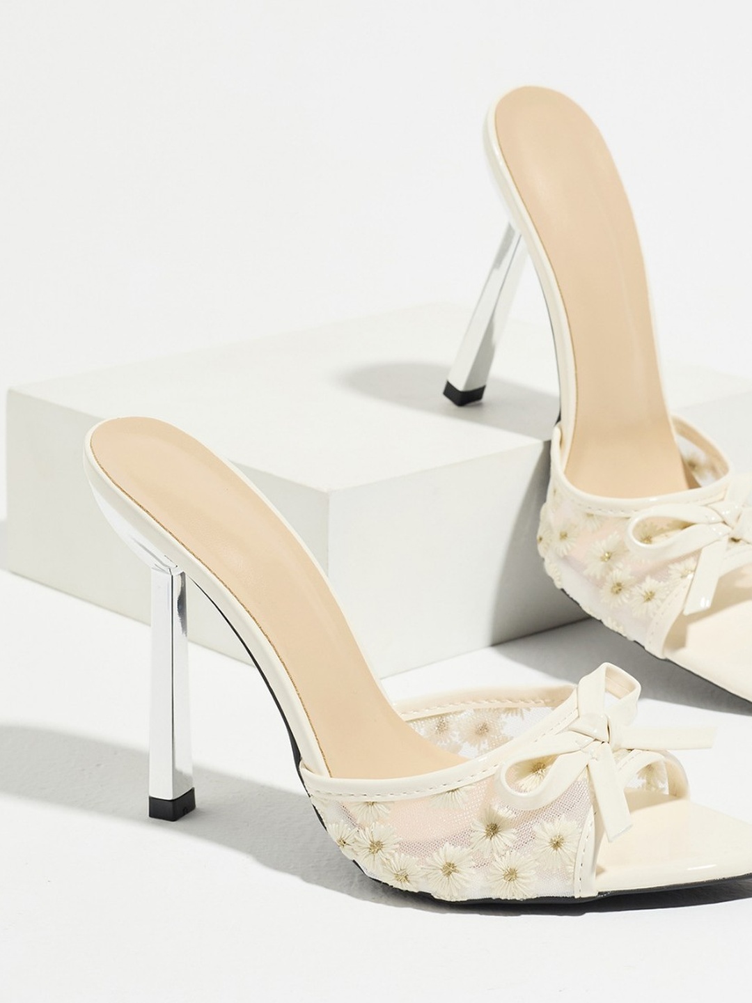 White Mesh Daisy Bow High Heel Sandals