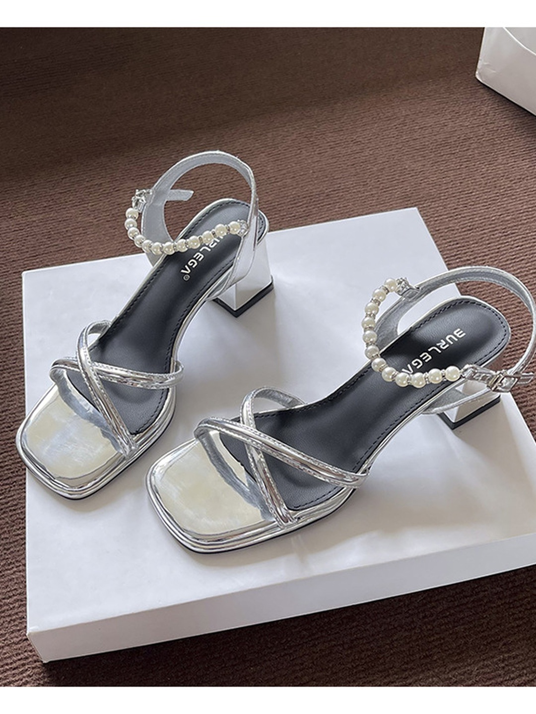 Silver Open-Toe Block Heel Sandals with Pearl Ankle Strap
