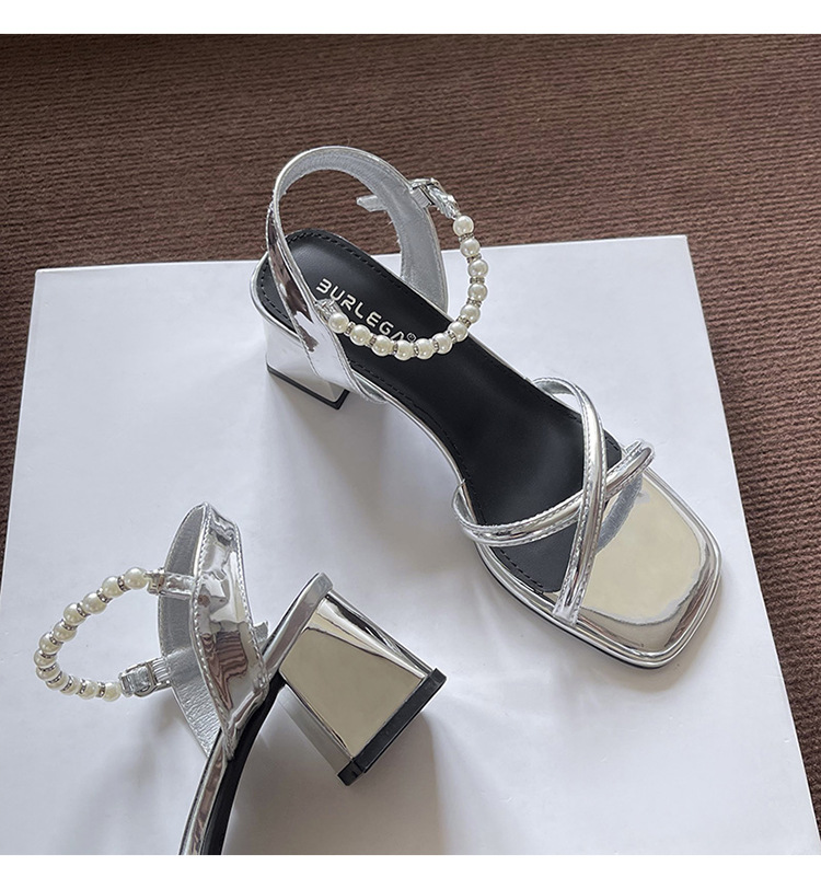 Silver Open-Toe Block Heel Sandals with Pearl Ankle Strap