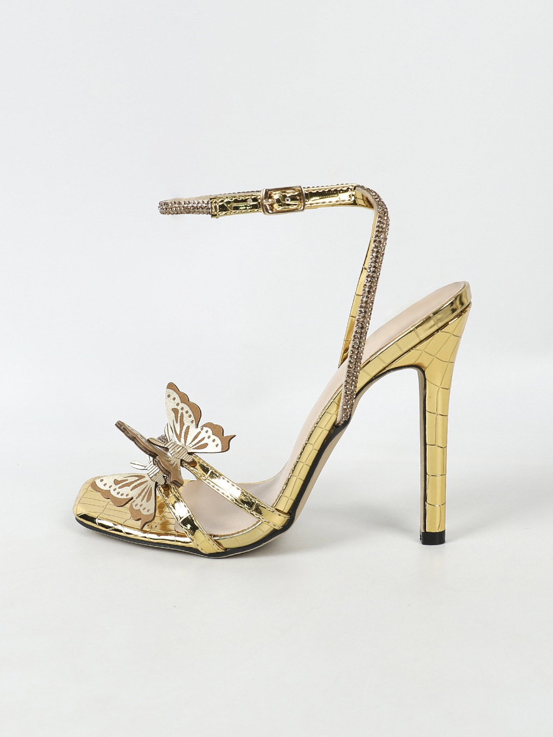 Women Gold Butterfly Rhinestone Ankle Strap Stiletto Sandals