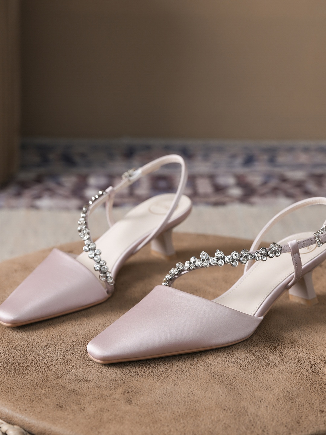 Blush Pink Low Heel Slingback Sandals with Rhinestone Embellishment
