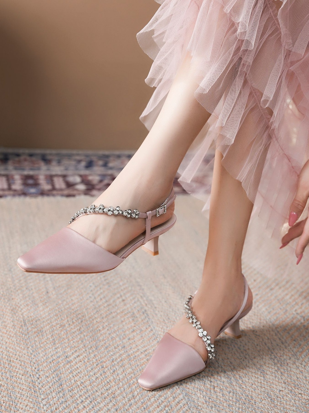 Blush Pink Low Heel Slingback Sandals with Rhinestone Embellishment