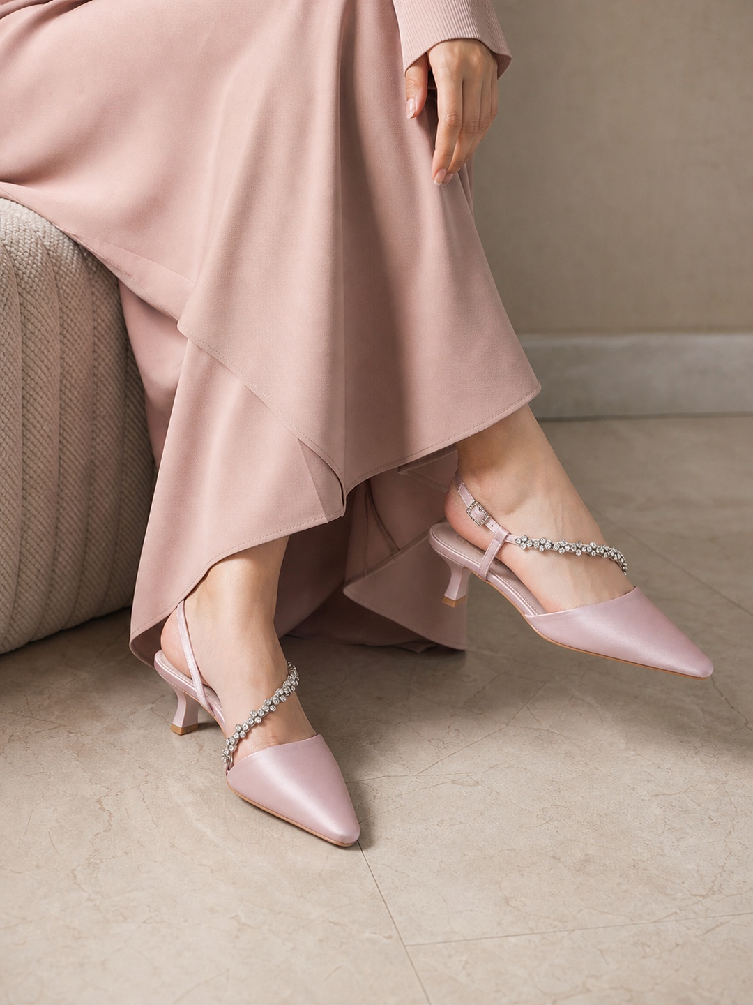 Blush Pink Low Heel Slingback Sandals with Rhinestone Embellishment
