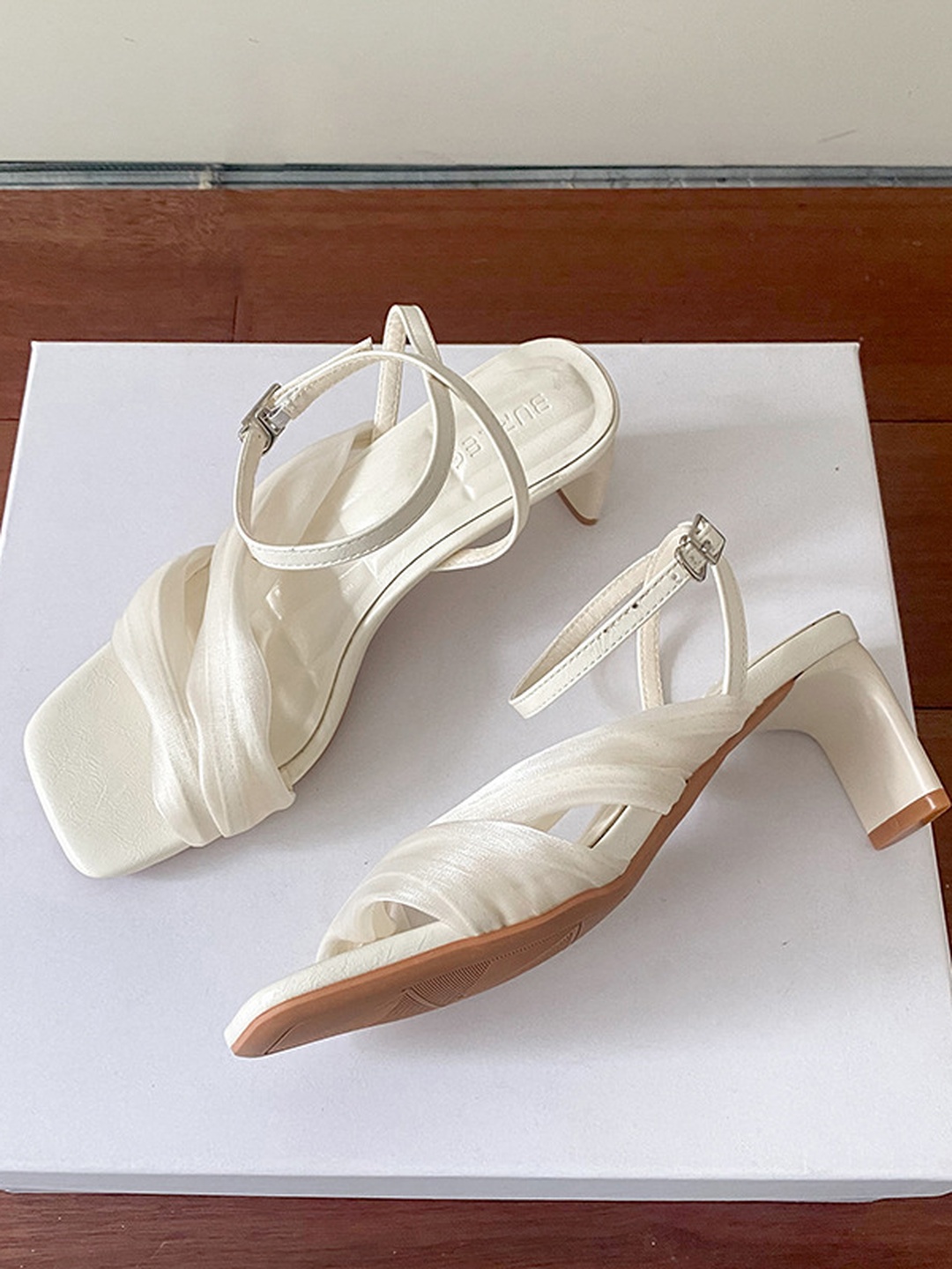 Women White Ruched Open-Toe Ankle Strap High Heel Sandals