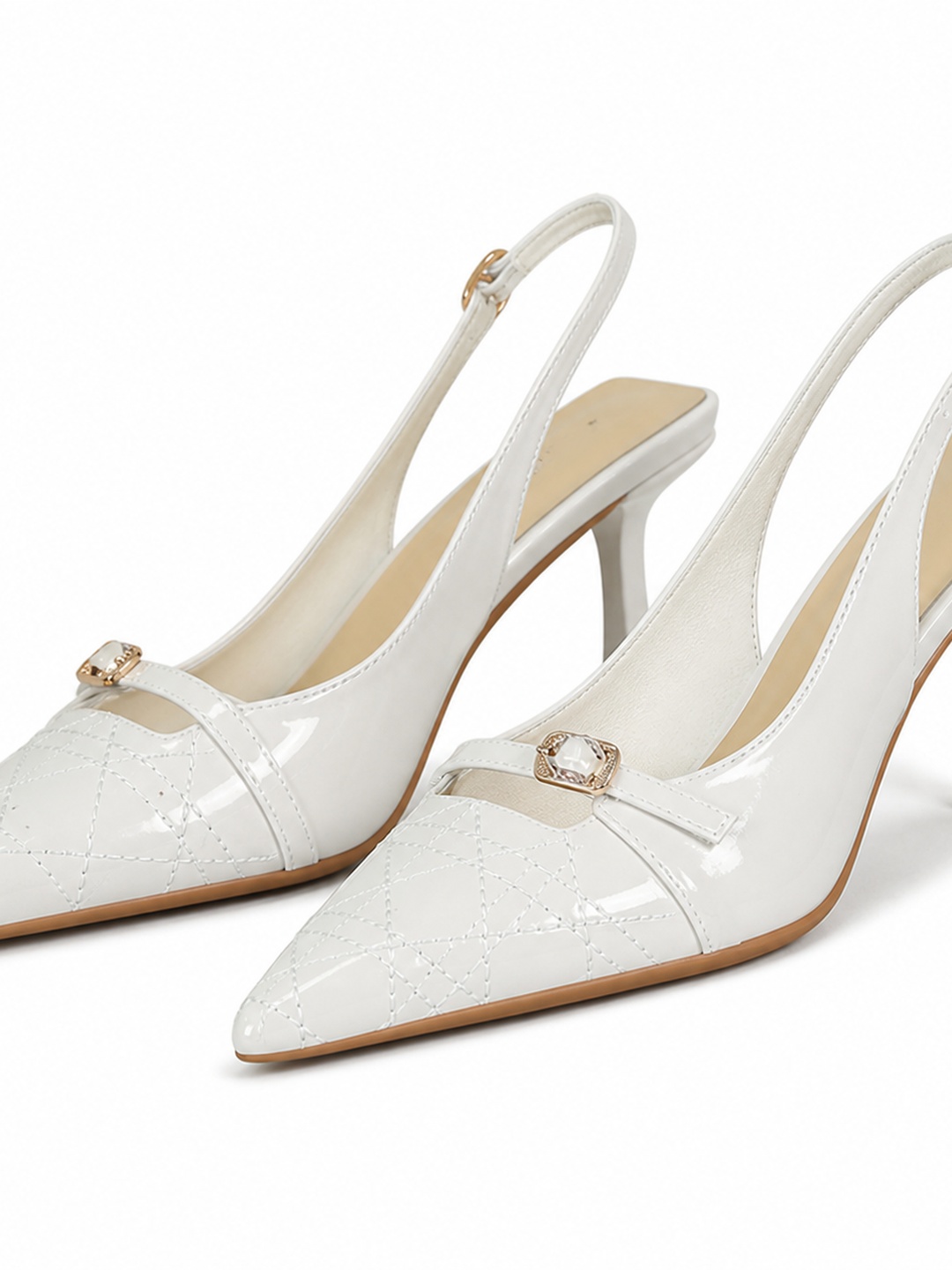 White Pointed Toe Patent Slingback Stiletto Heels with Buckle