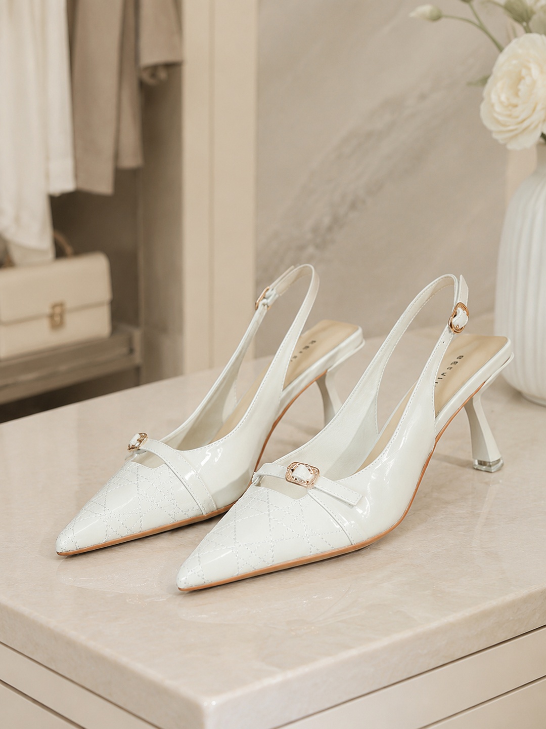 White Pointed Toe Patent Slingback Stiletto Heels with Buckle