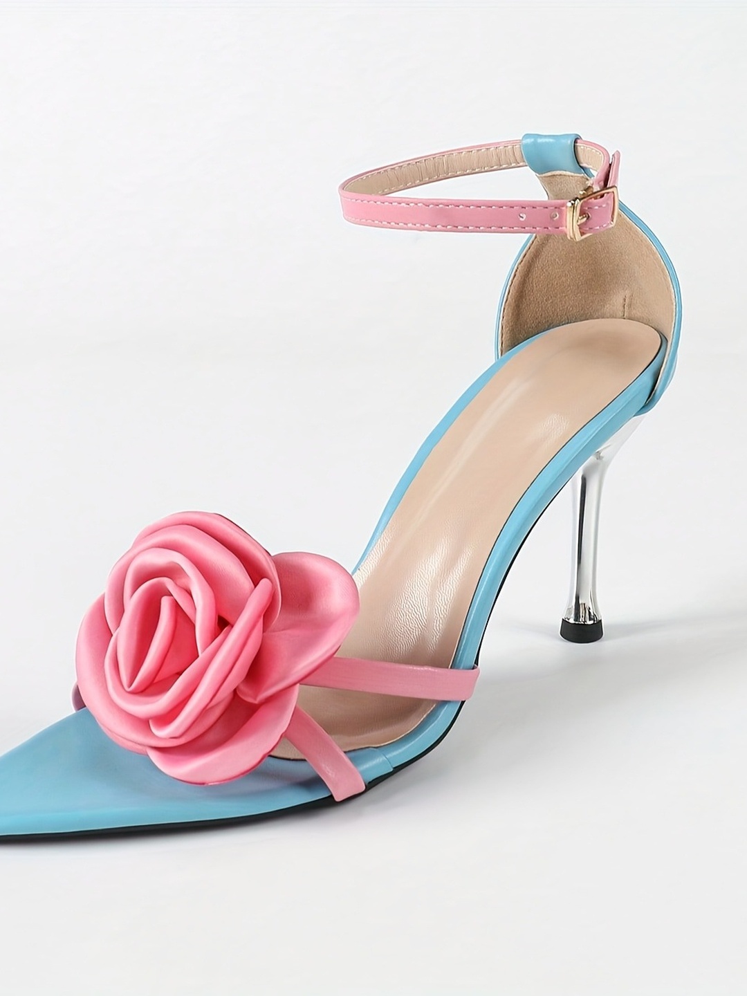 Women Pink Rose Ankle Strap Stiletto Sandals