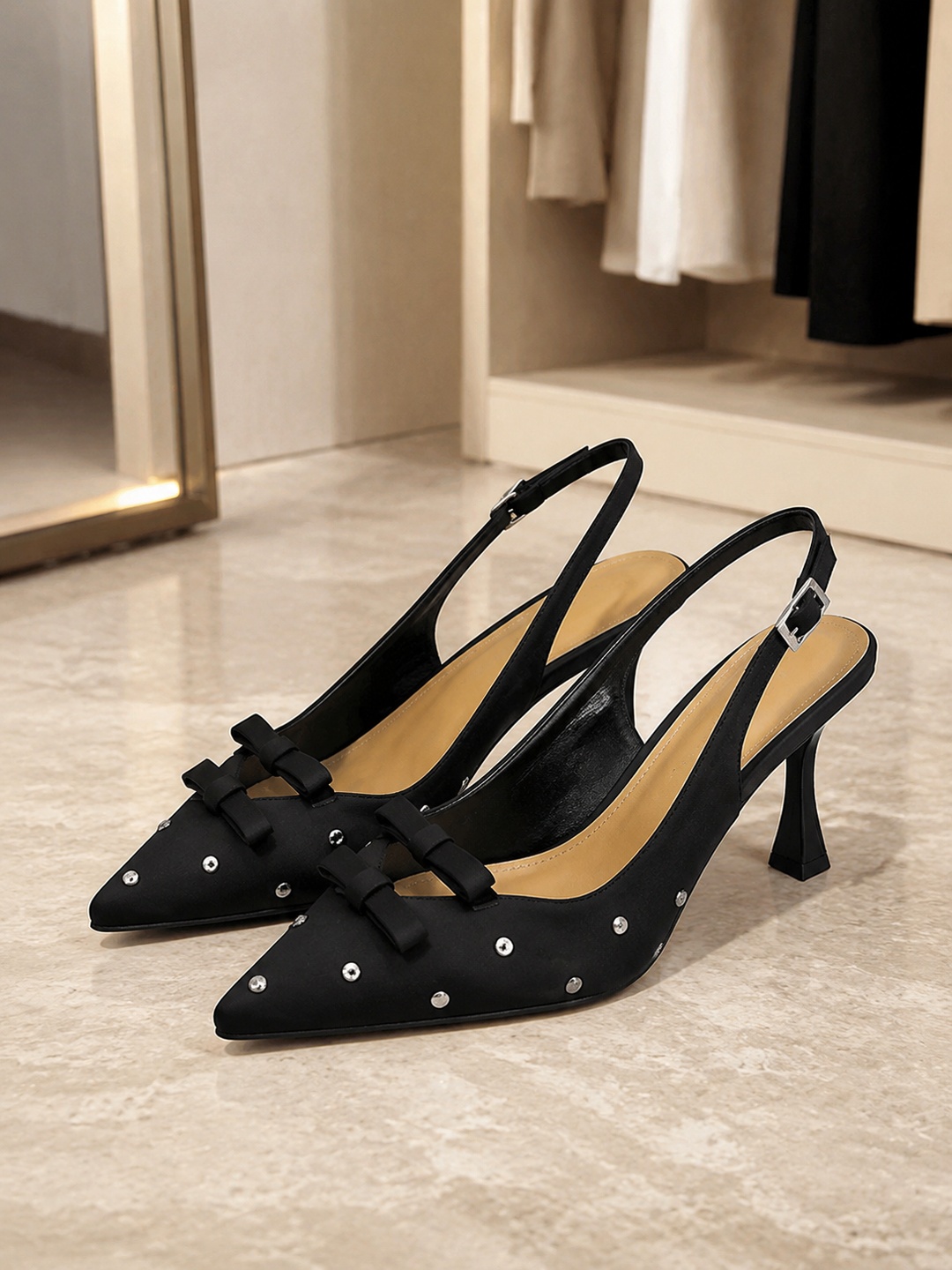 Black Satin Pointed-Toe Slingback Stiletto Heels with Bow