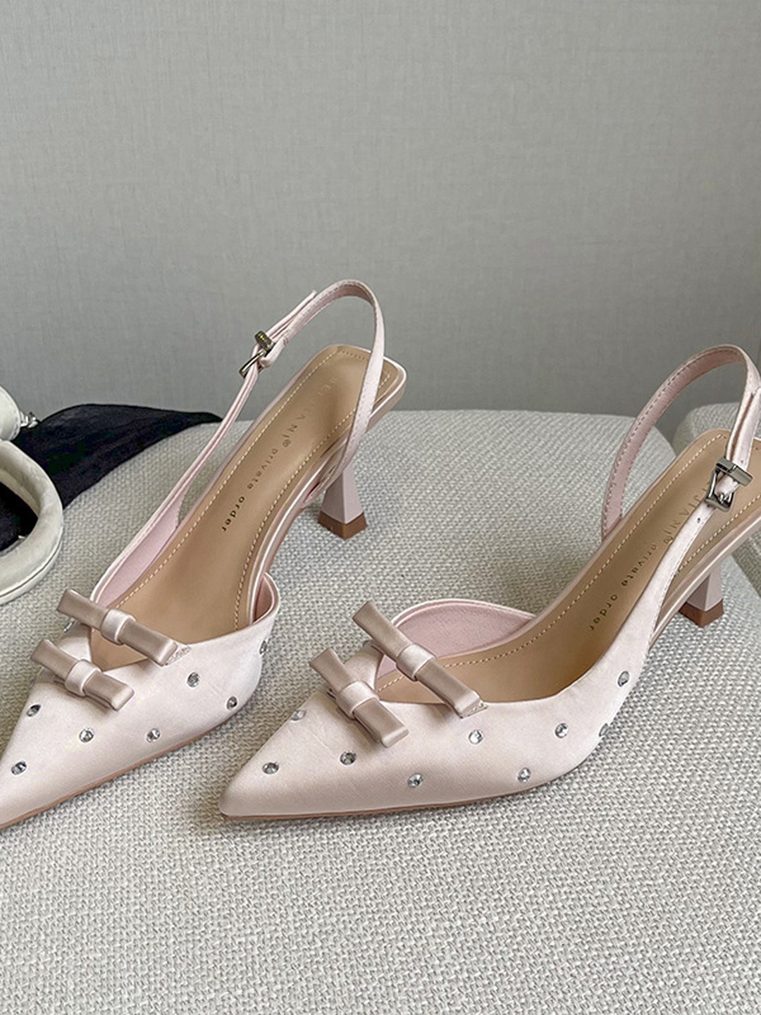 Beige High Heel Slingback Sandals with Bows