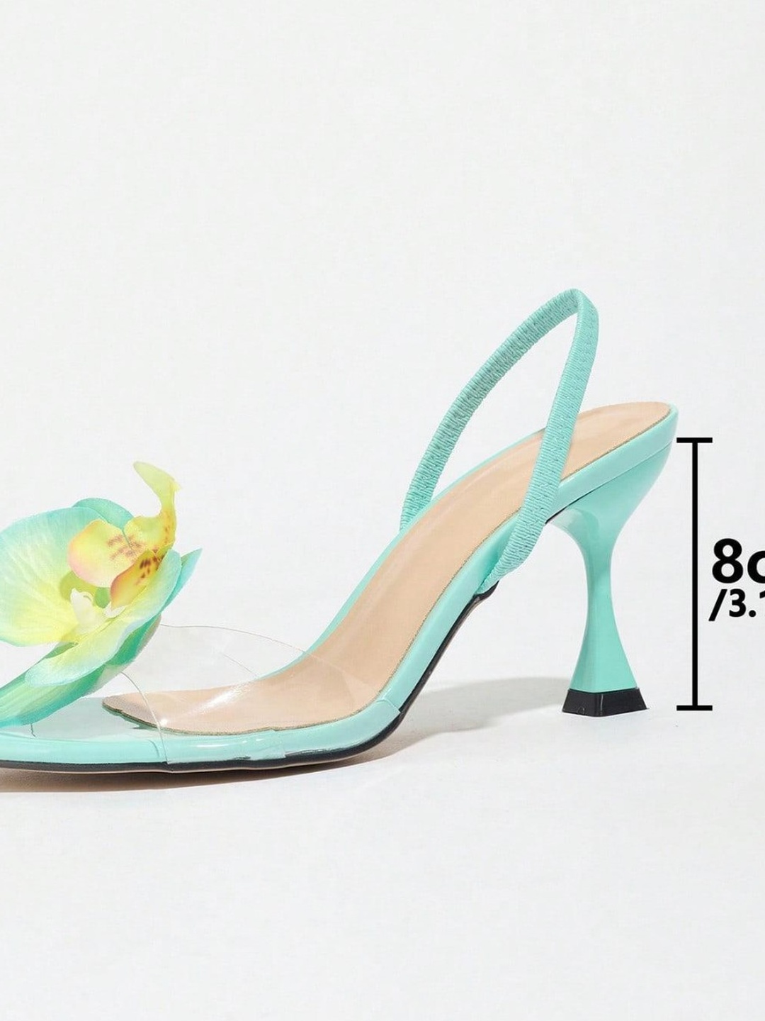 Women Green Clear Strap Floral Slingback High-Heel Sandals