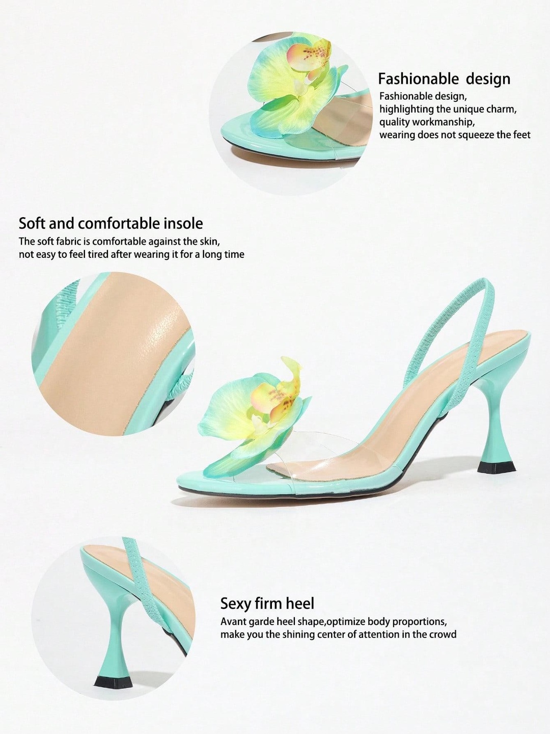 Women Green Clear Strap Floral Slingback High-Heel Sandals