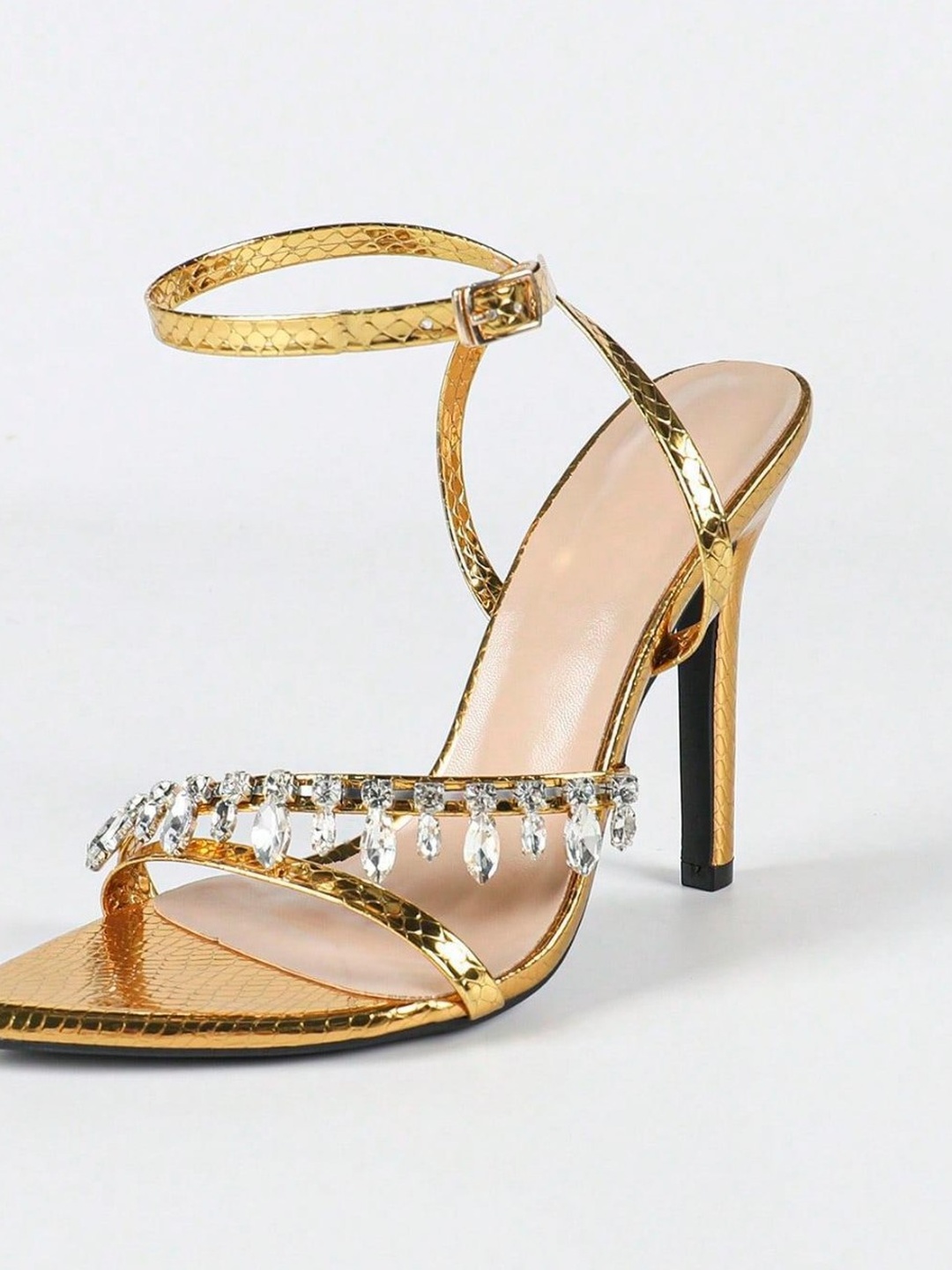 Gold Snakeskin Rhinestone Ankle Strap Stiletto Sandals