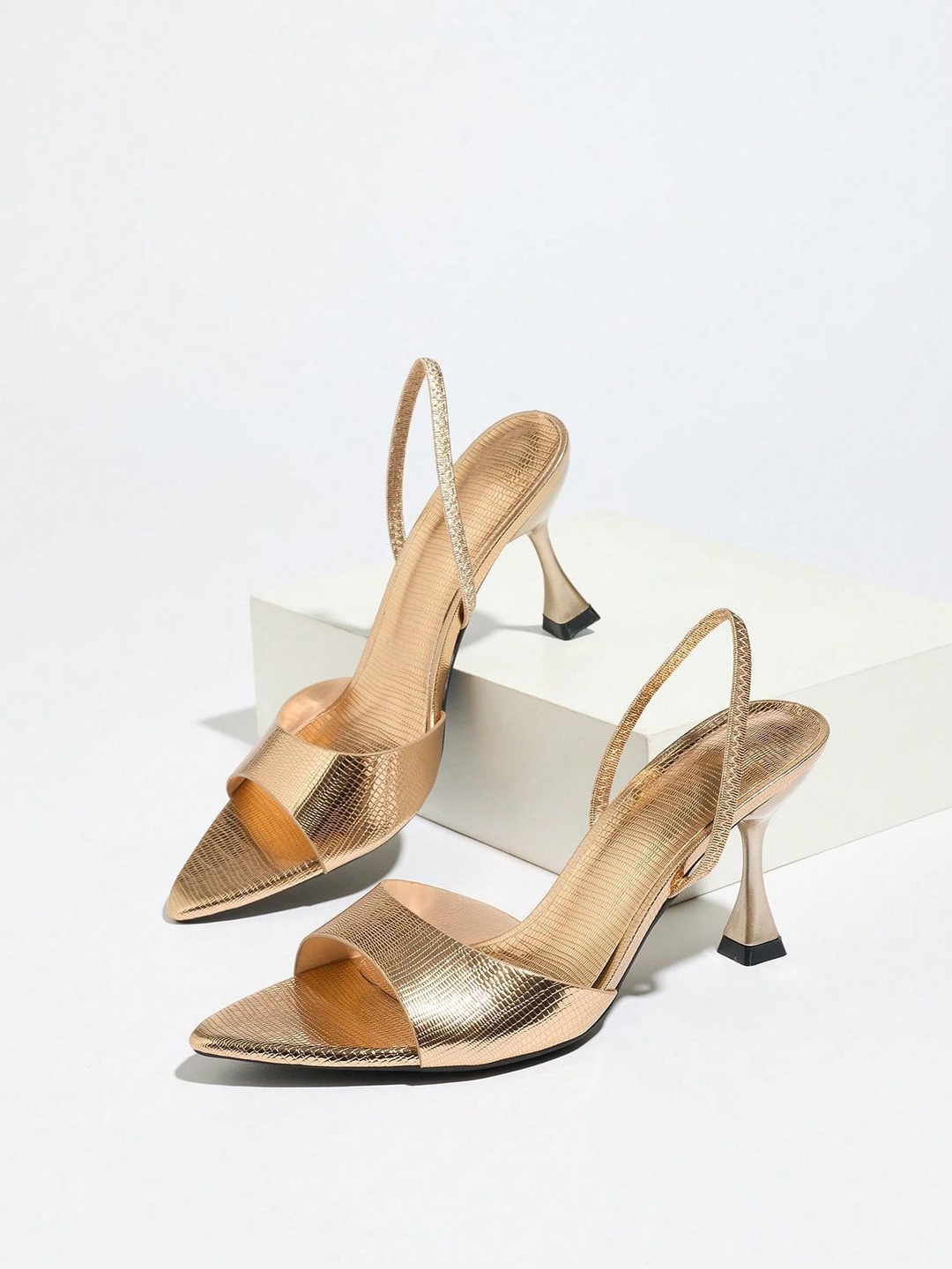 Lizard-Embossed Open-Toe Slingback Stiletto Heels