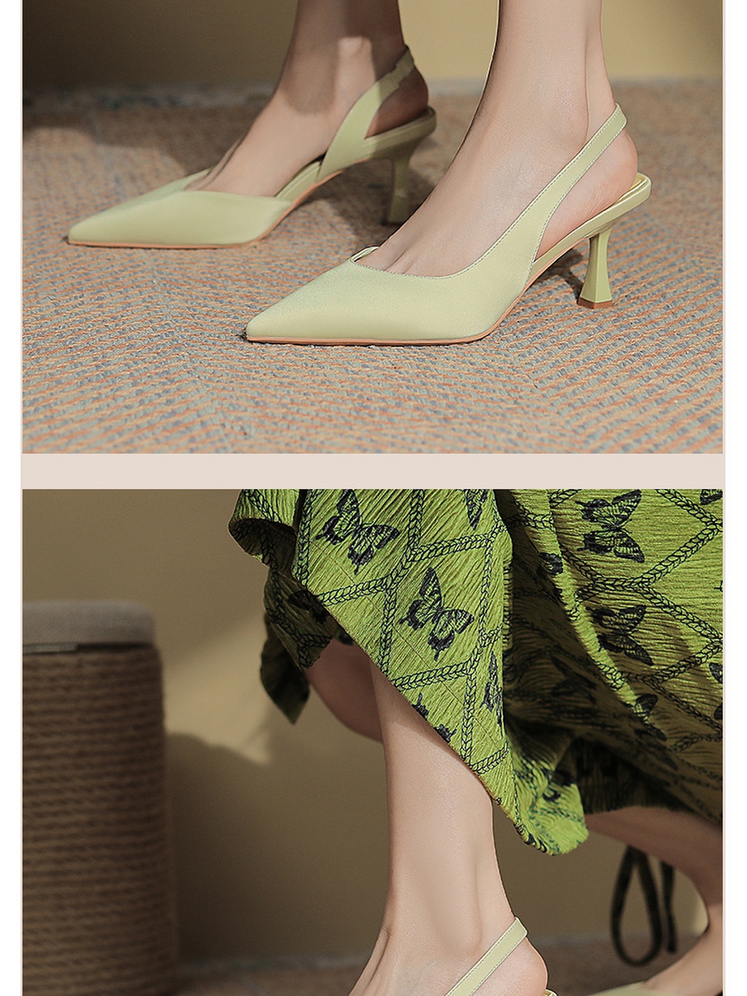 Light Green Pointed-Toe Slingback Kitten Heel Pumps