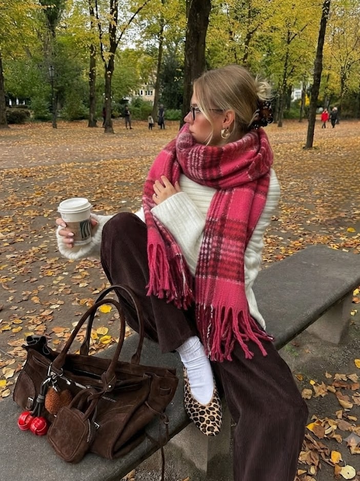 Dark Pink Plaid Neck Scarf