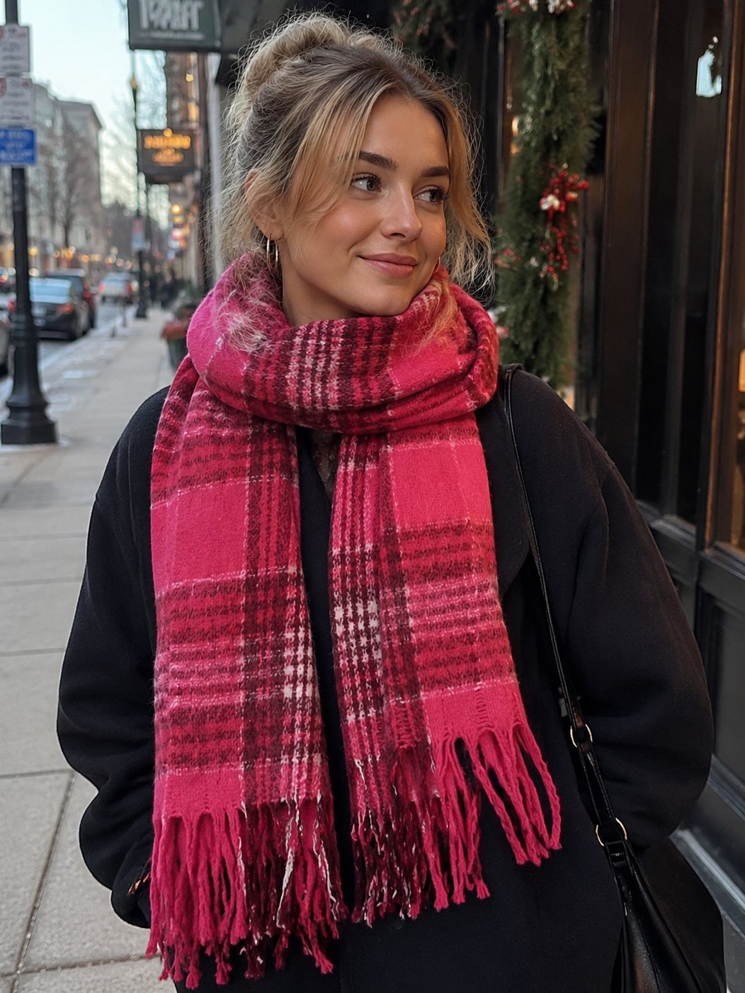 Dark Pink Plaid Neck Scarf
