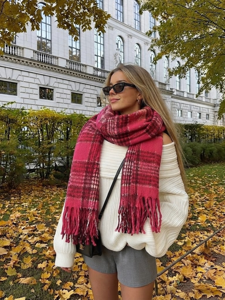 Dark Pink Plaid Neck Scarf