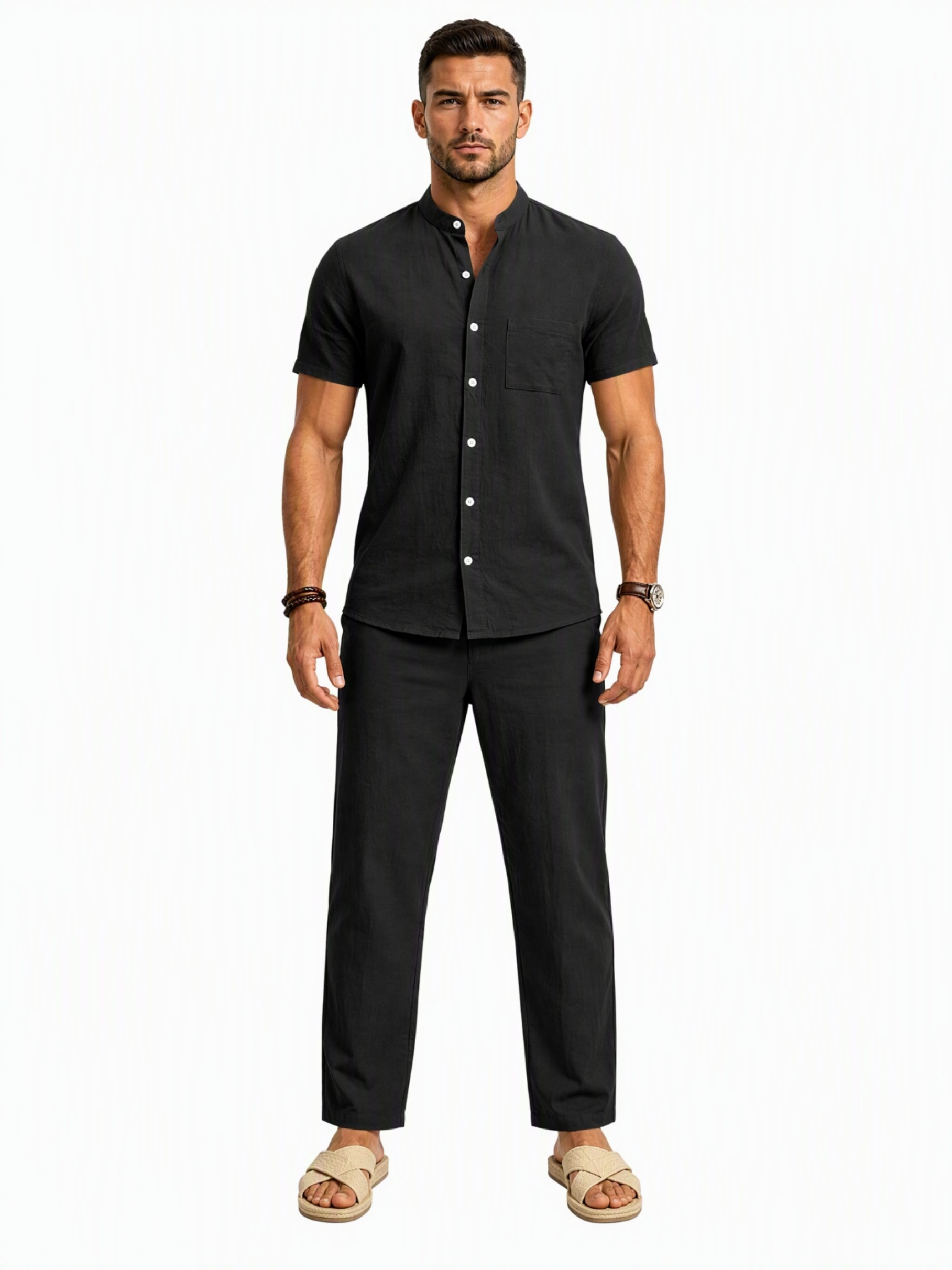 Men Black Linen Blend Trousers and Short Sleeve Shirt Set