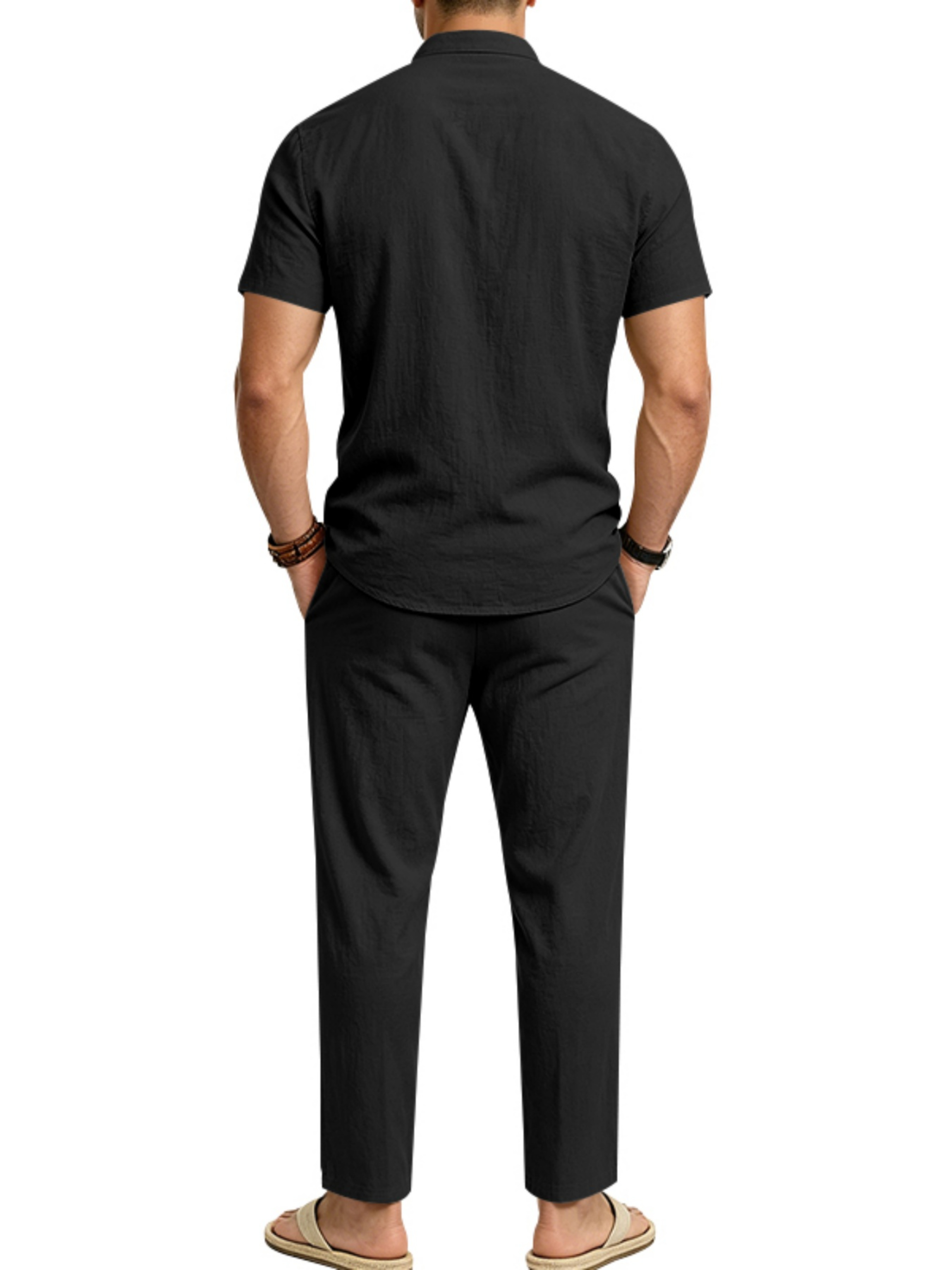 Men Black Linen Blend Trousers and Short Sleeve Shirt Set