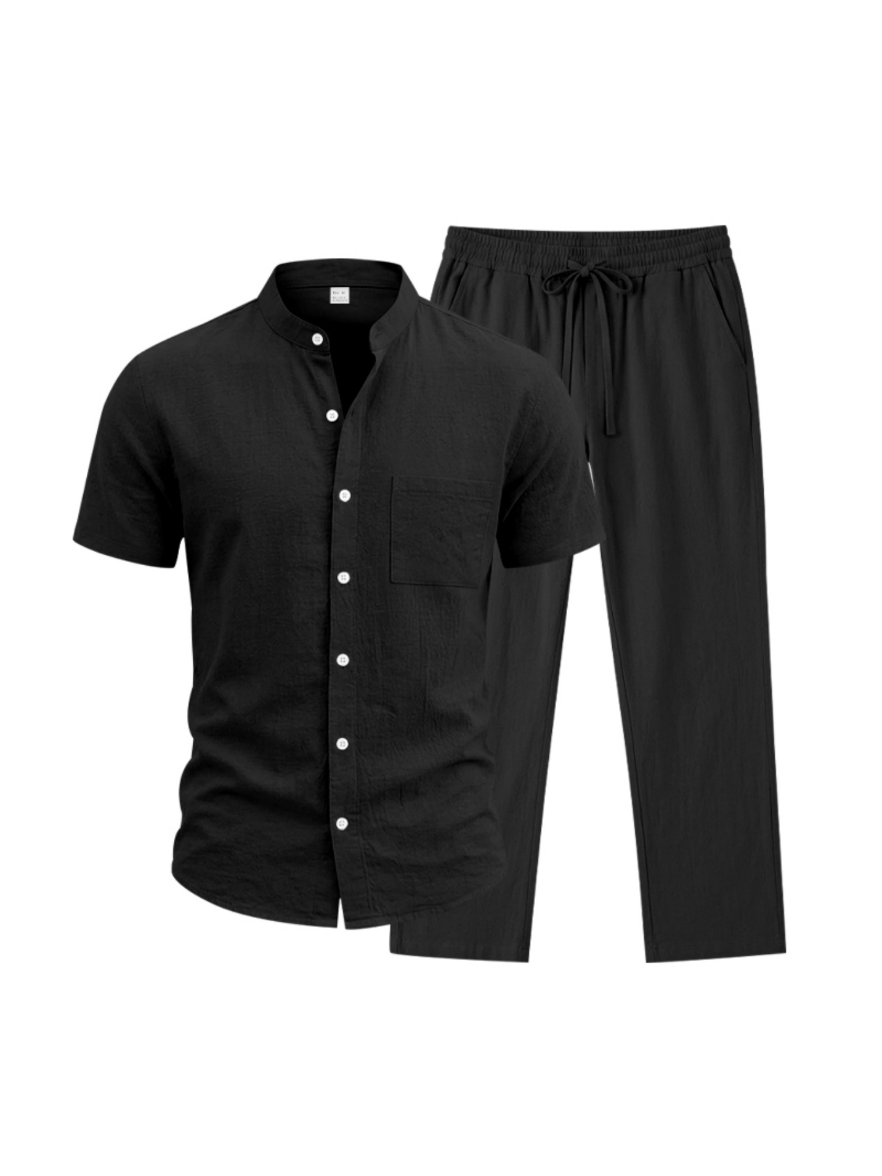 Men Black Linen Blend Trousers and Short Sleeve Shirt Set