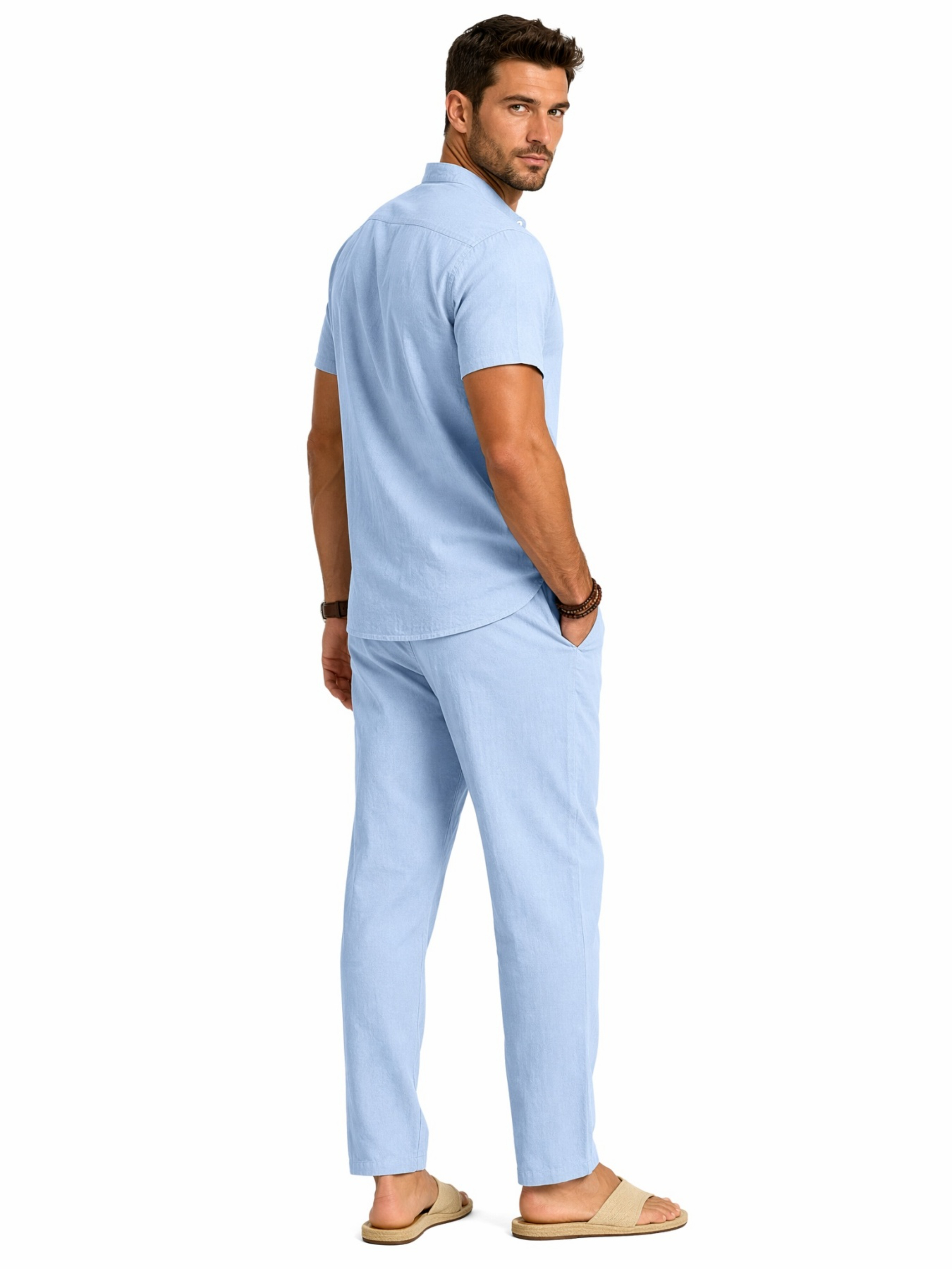 Men Light Blue Linen Trousers and Short Sleeve Shirt Co-Ord Set