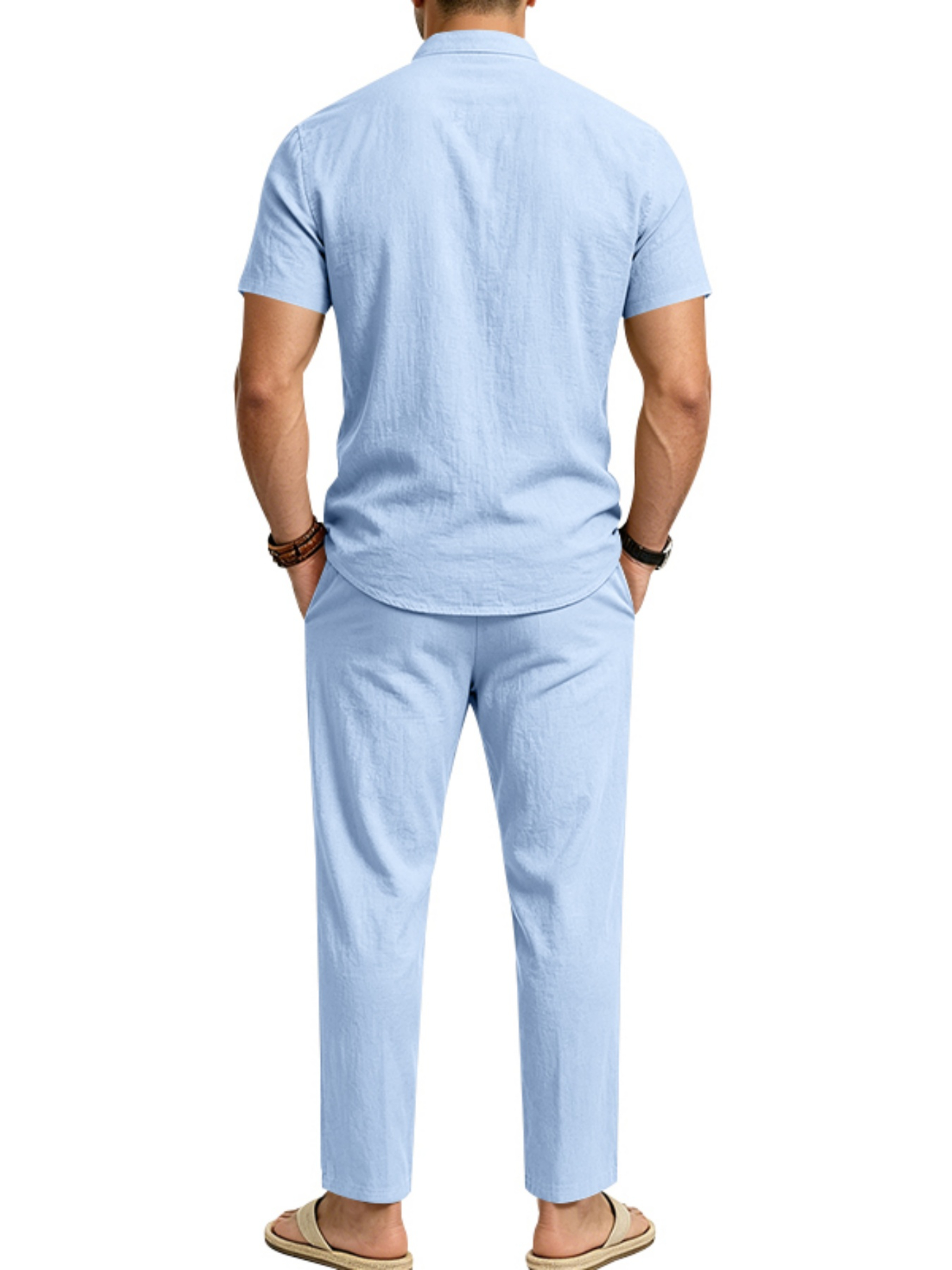 Men Light Blue Linen Trousers and Short Sleeve Shirt Co-Ord Set