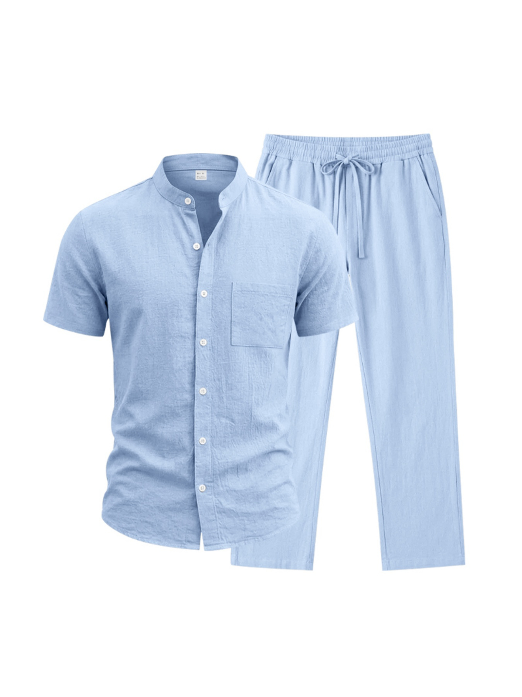 Men Light Blue Linen Trousers and Short Sleeve Shirt Co-Ord Set