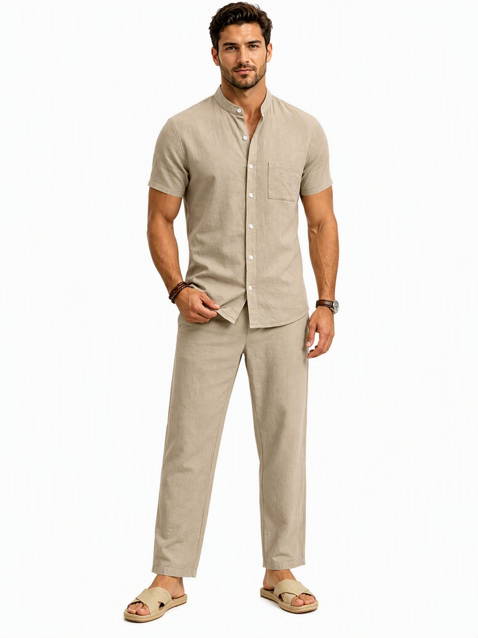 Men Beige Linen Short Sleeve Shirt and Trousers Set