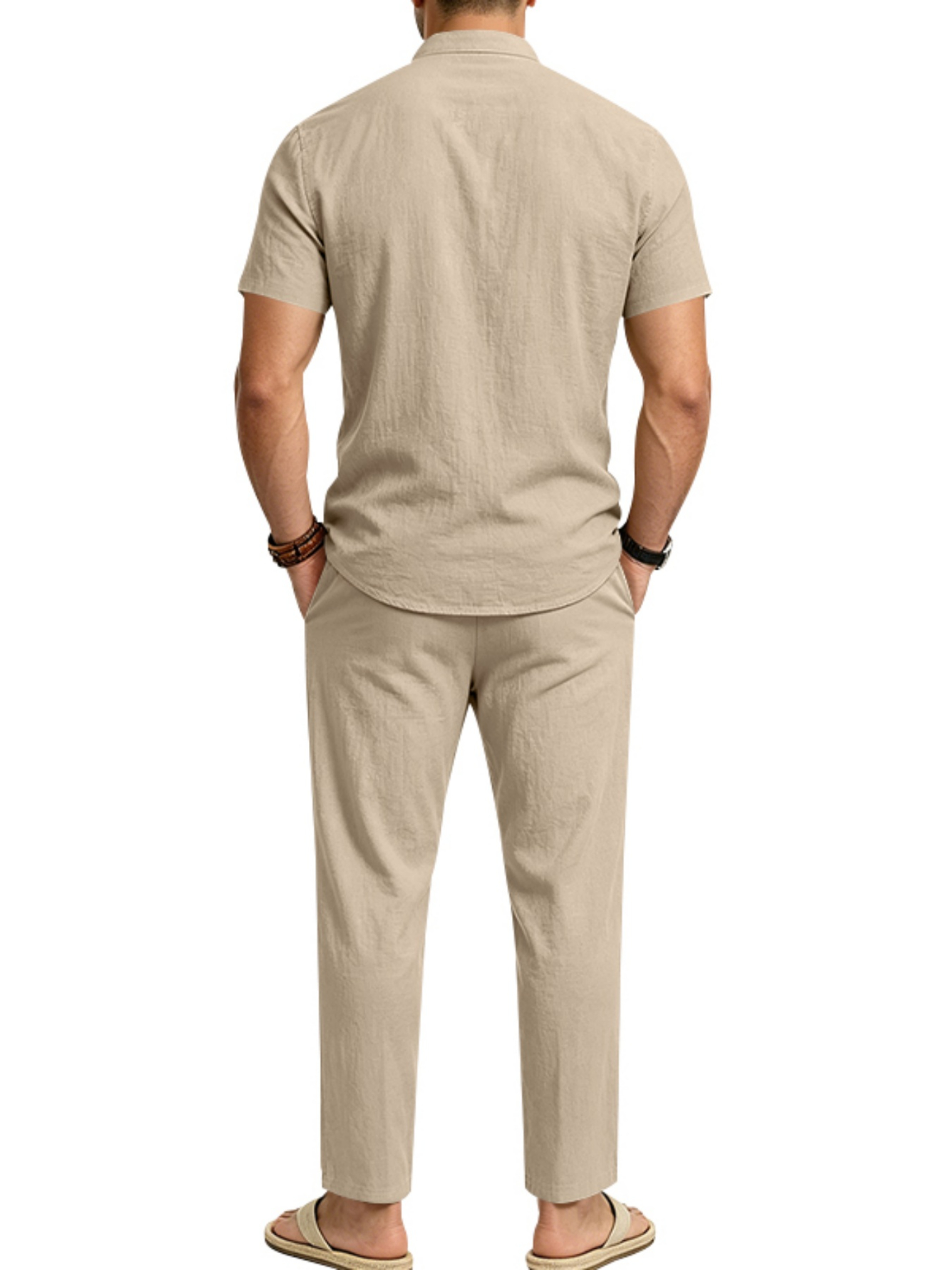 Men Beige Linen Short Sleeve Shirt and Trousers Set