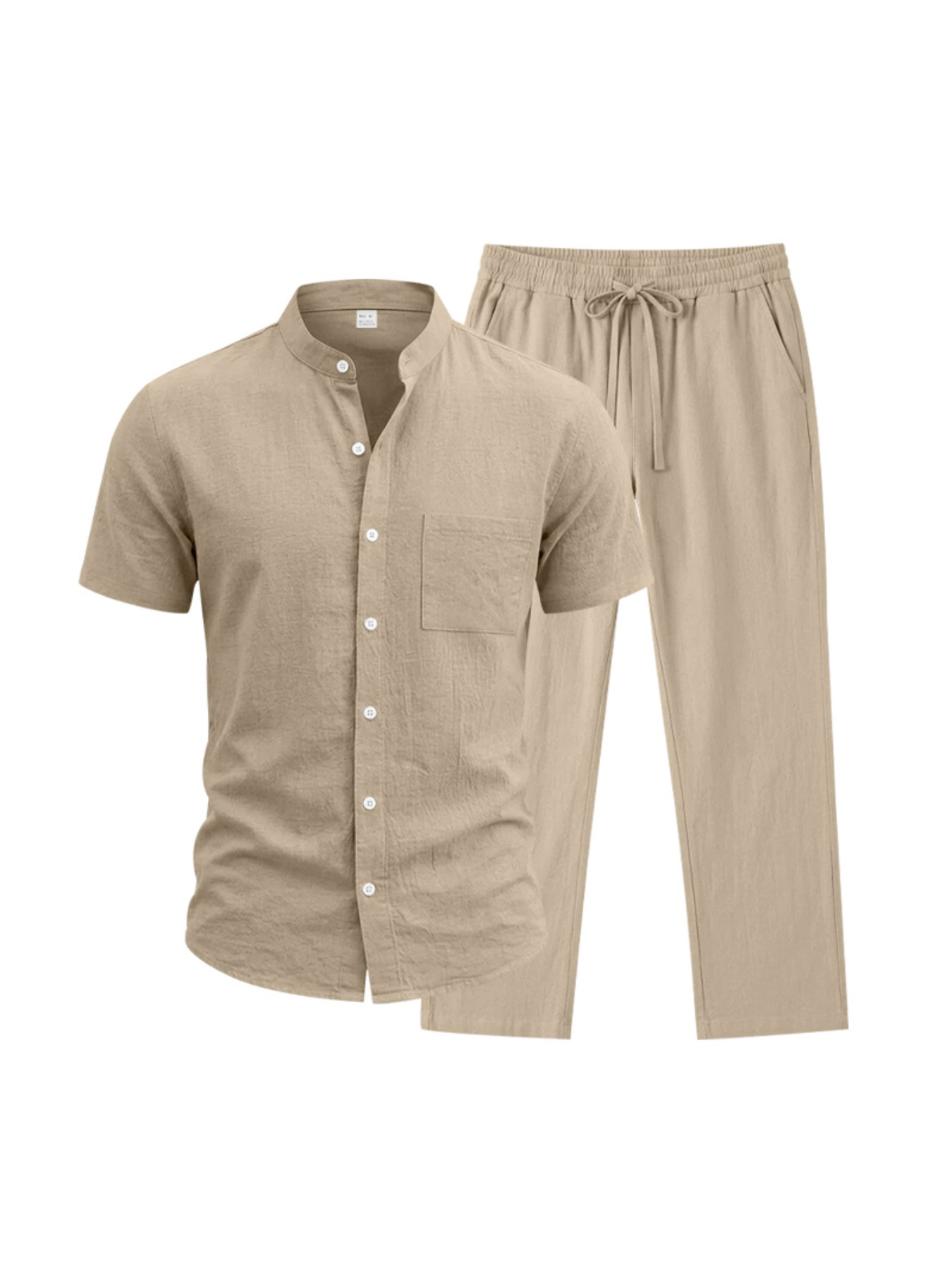 Men Beige Linen Short Sleeve Shirt and Trousers Set