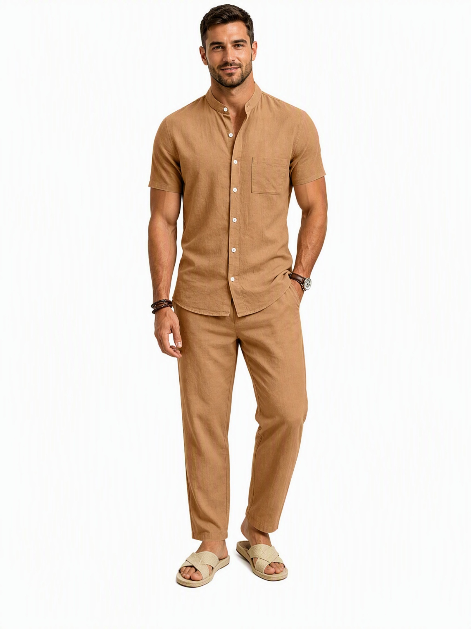 Men Brown Linen Short-Sleeve Shirt and Trousers Co-Ord Set