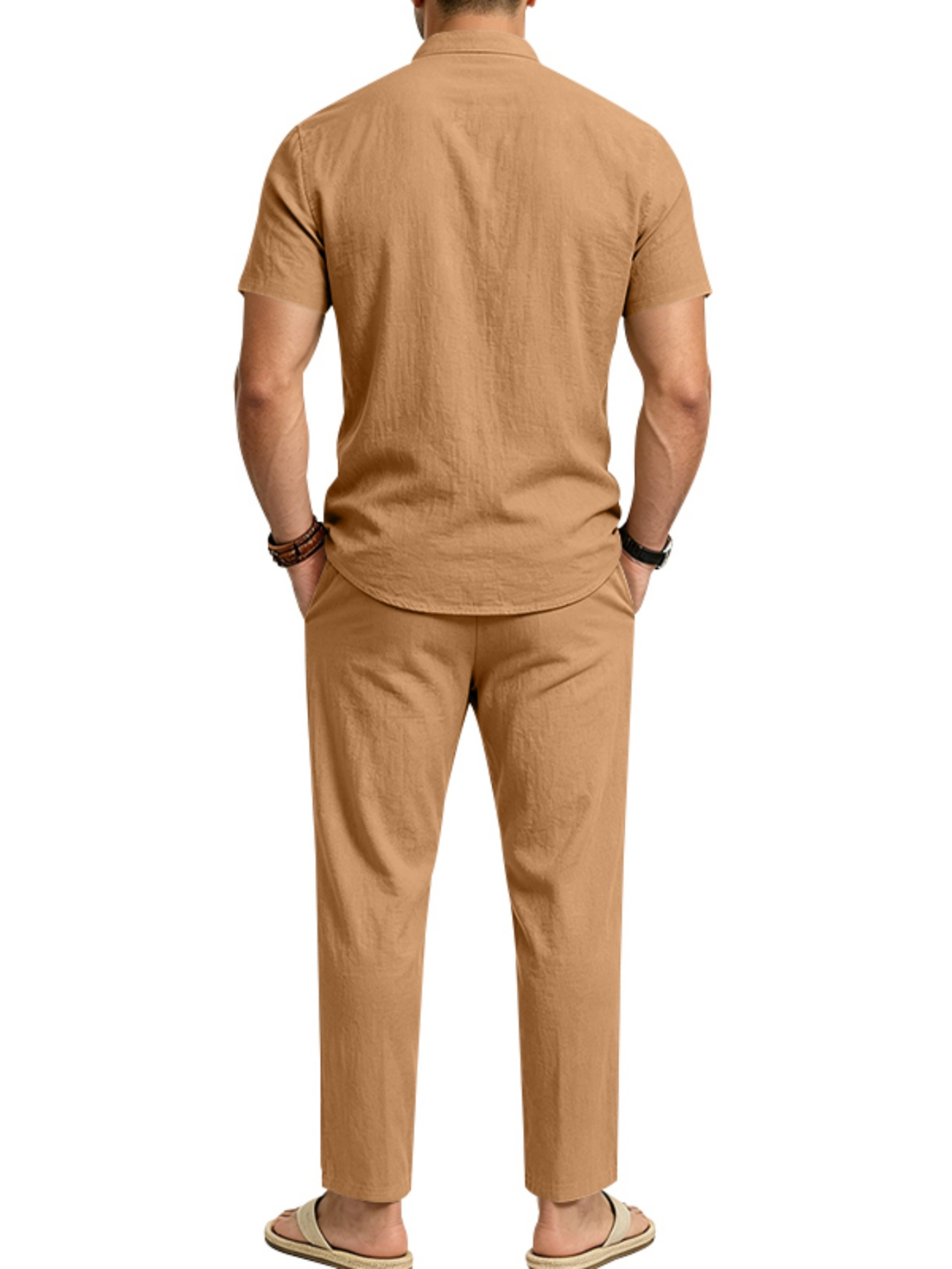 Men Brown Linen Short-Sleeve Shirt and Trousers Co-Ord Set