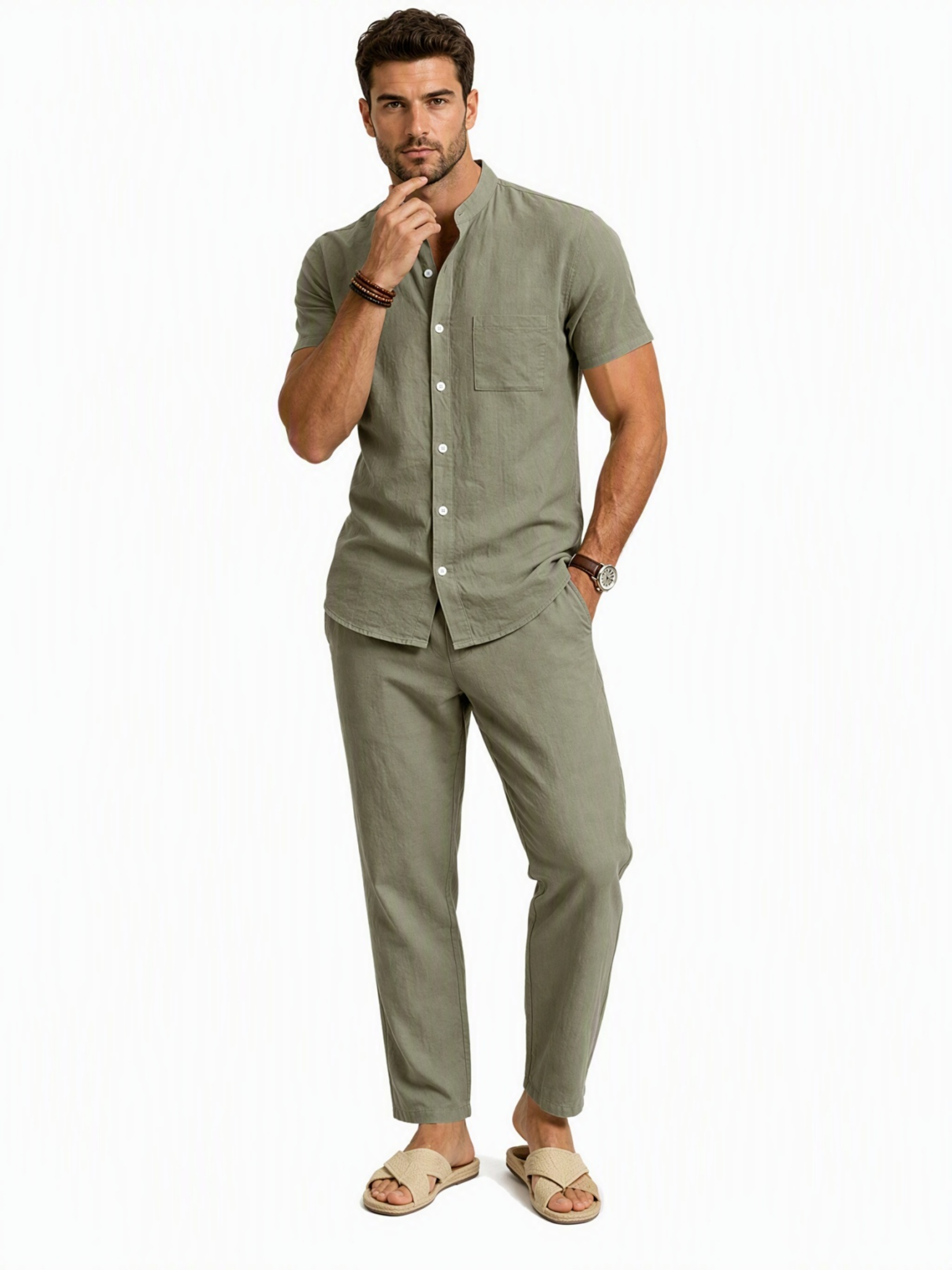 Men Green Linen Short-Sleeve Shirt and Trousers Co-Ord Set