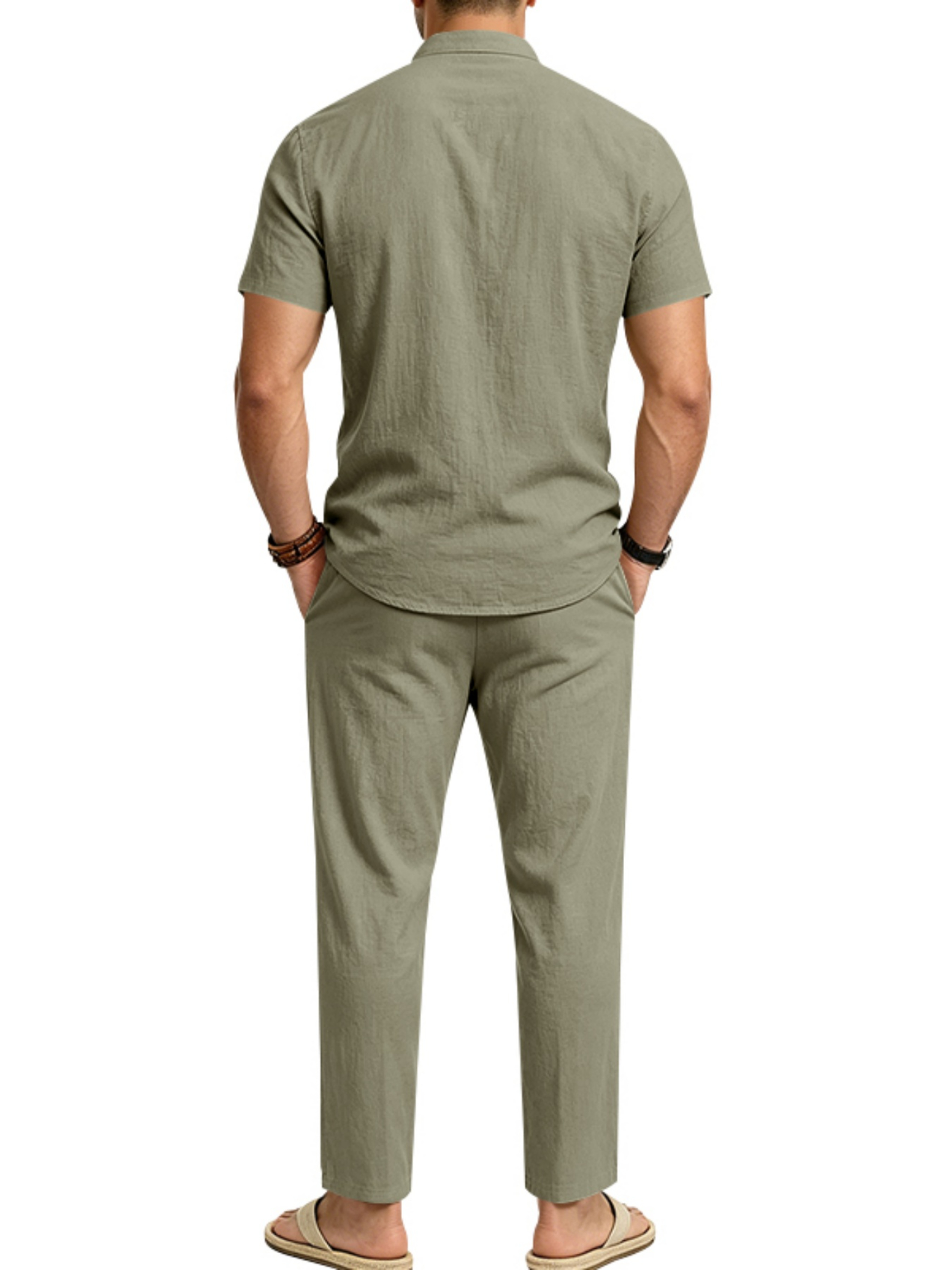 Men Green Linen Short-Sleeve Shirt and Trousers Co-Ord Set