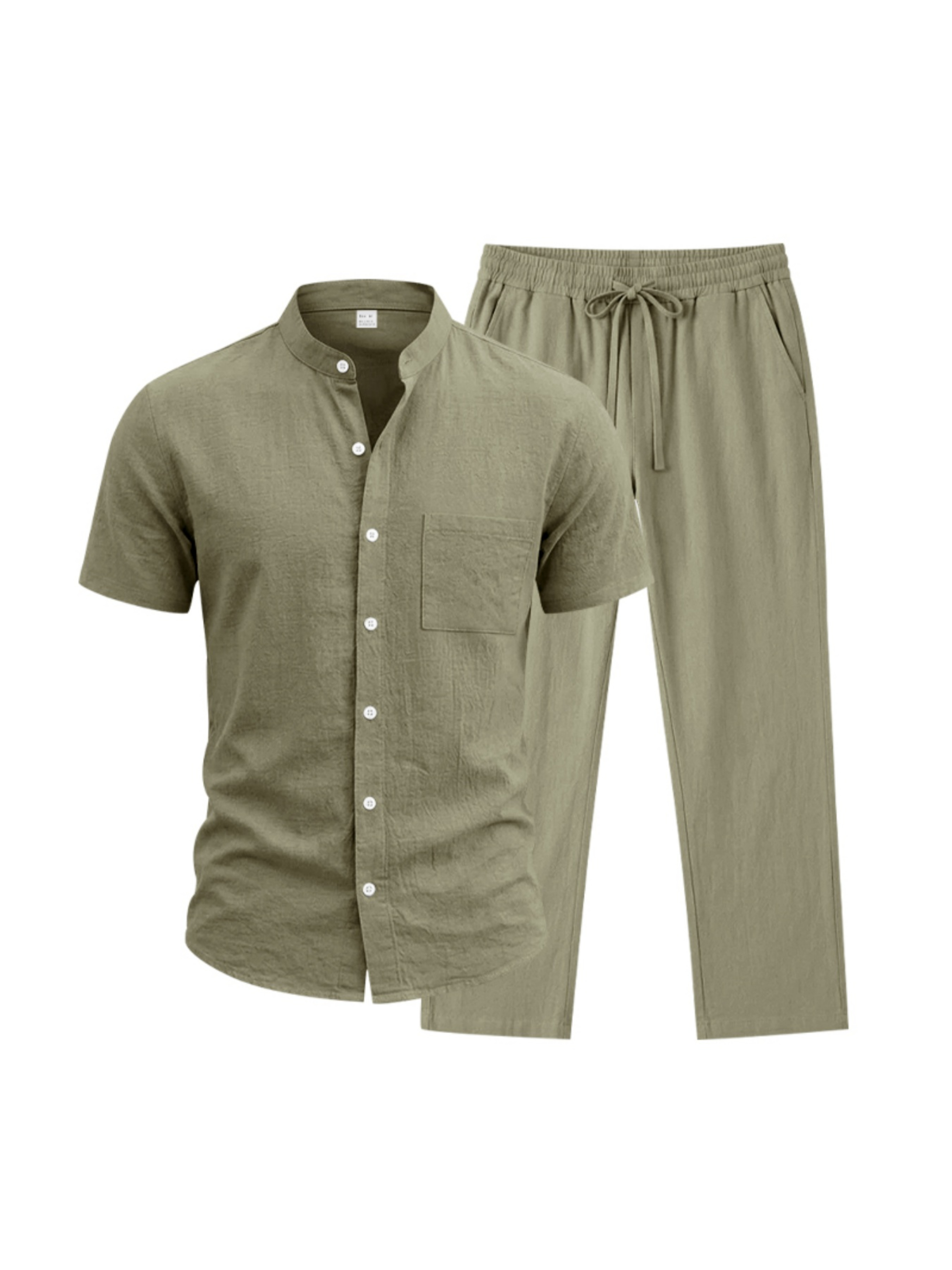 Men Green Linen Short-Sleeve Shirt and Trousers Co-Ord Set