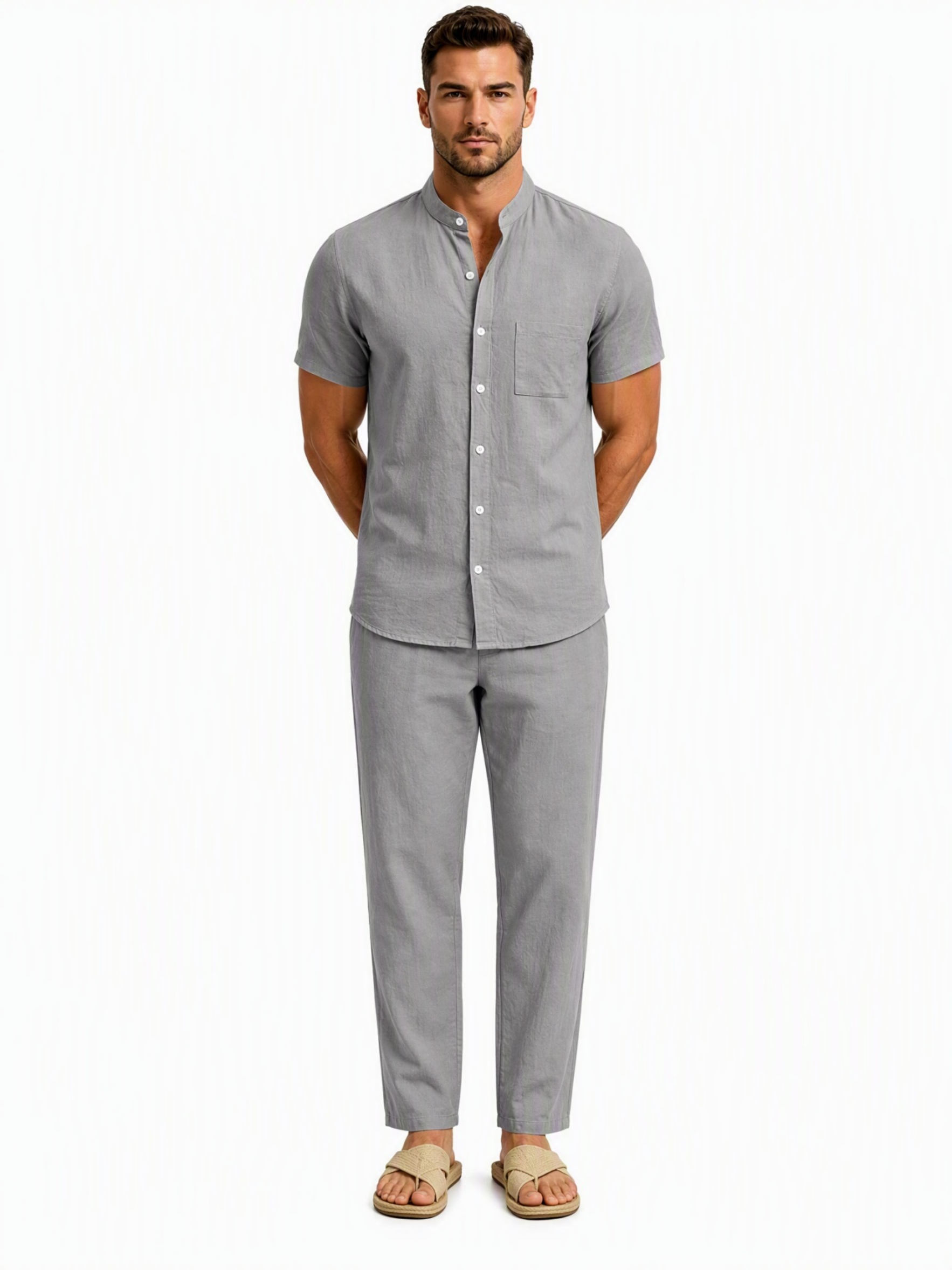 Men Grey Linen Stand Collar Shirt and Trousers Set