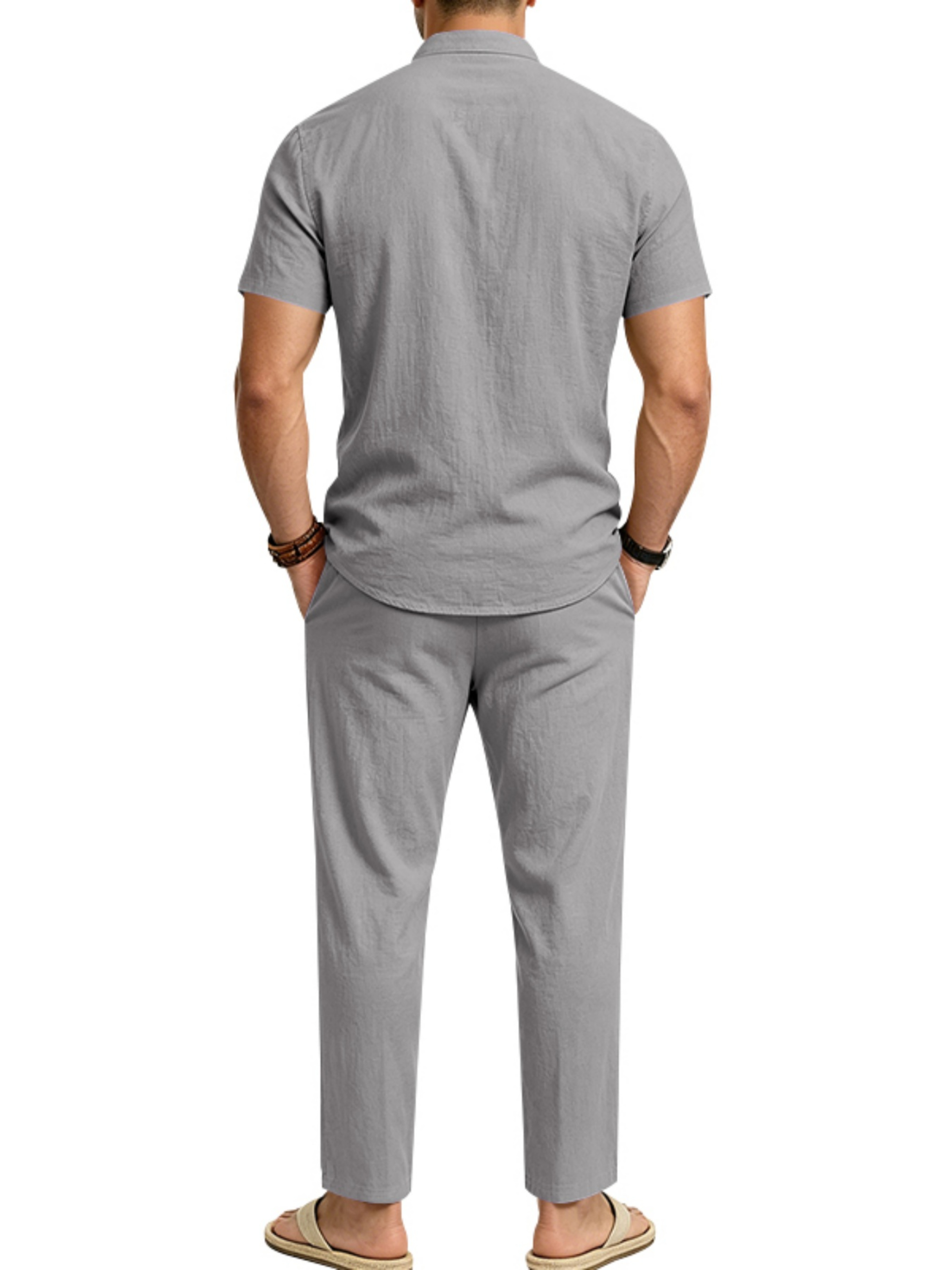 Men Grey Linen Stand Collar Shirt and Trousers Set