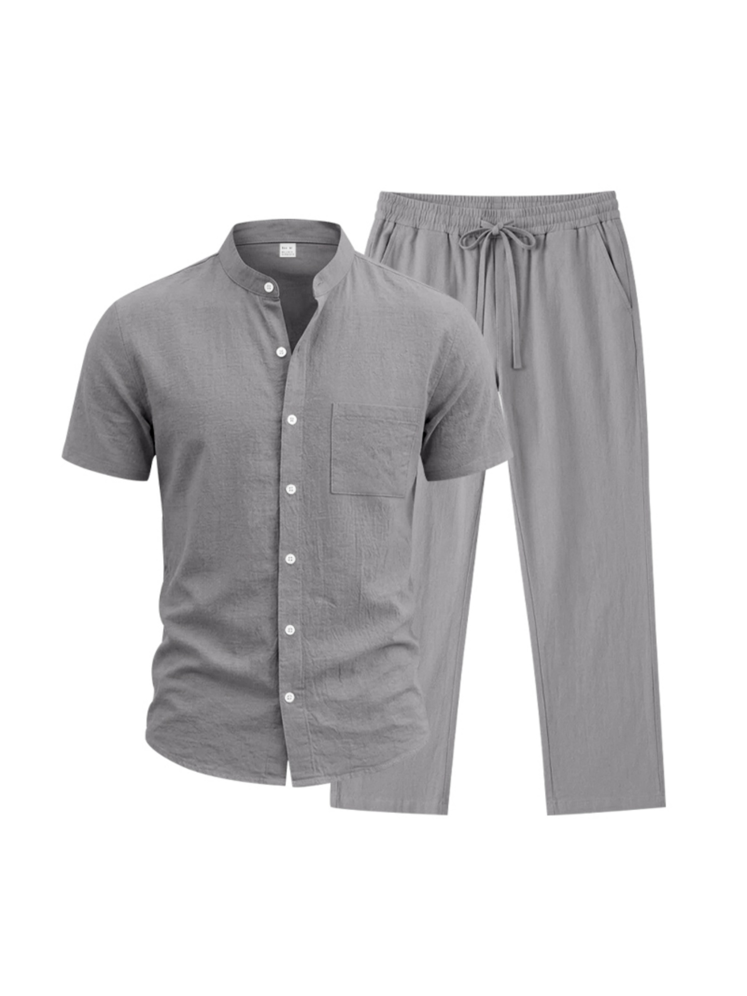 Men Grey Linen Stand Collar Shirt and Trousers Set
