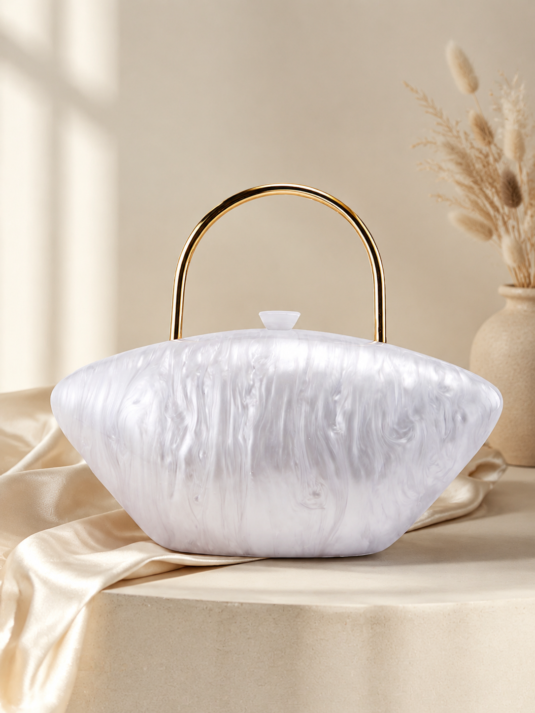 White Marbled Acrylic Clutch with Gold Tone Handle