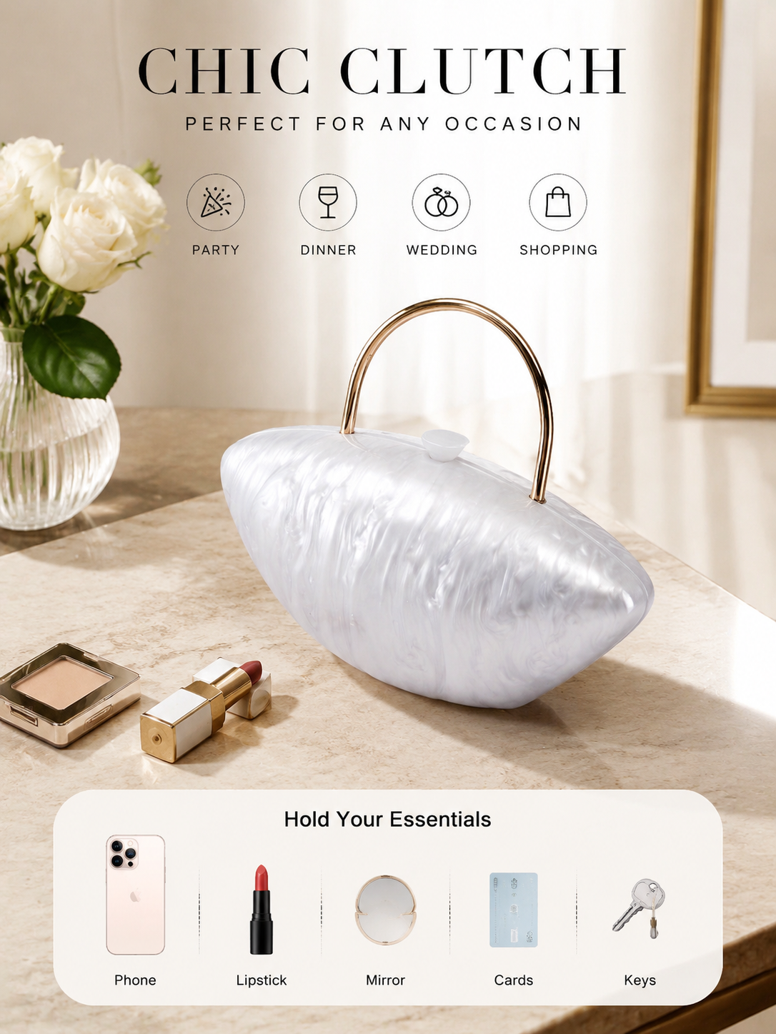 White Marbled Acrylic Clutch with Gold Tone Handle